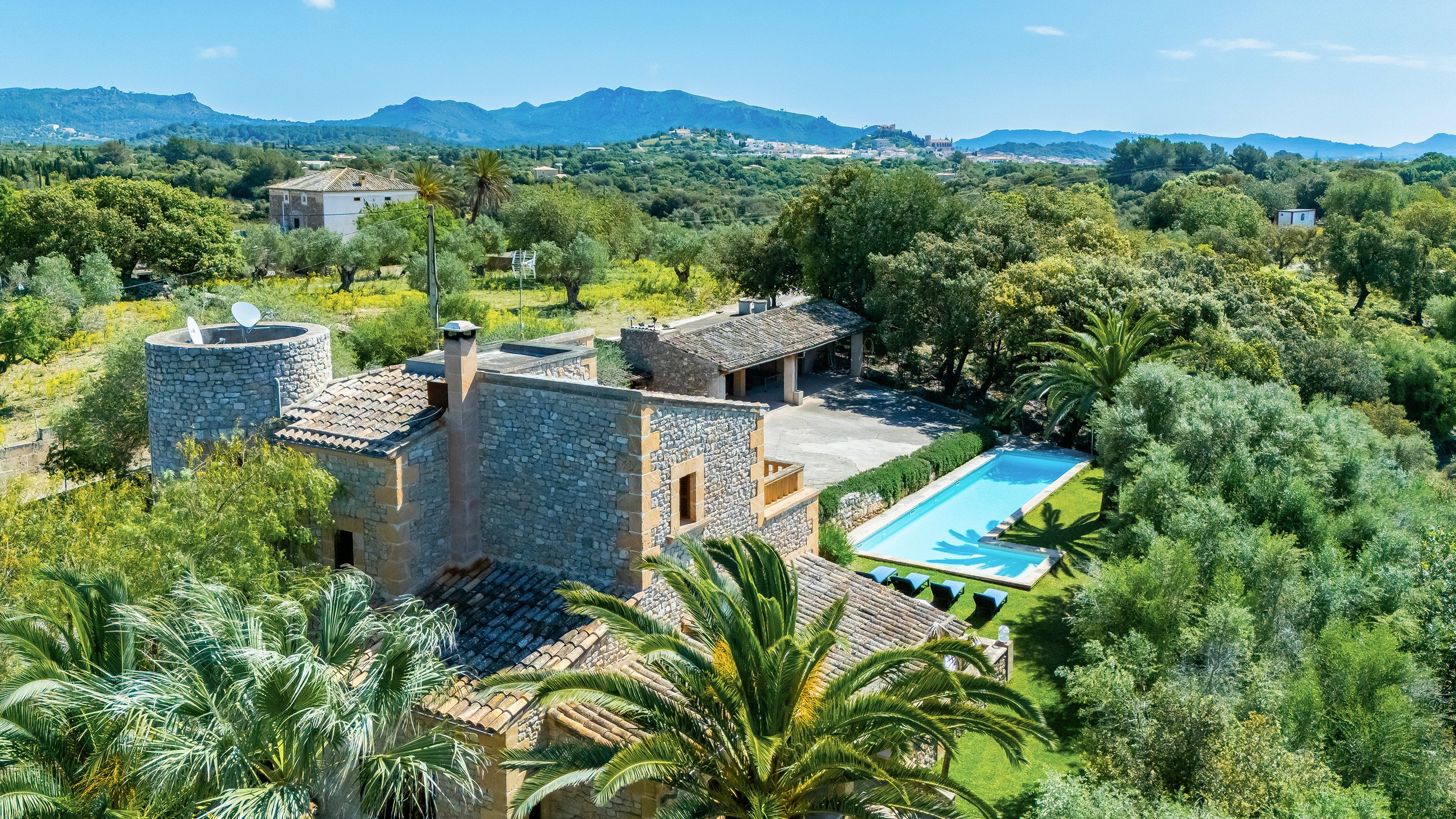 Aerial drone photography of Mallorcan house near Artà with private pool and countryside views
