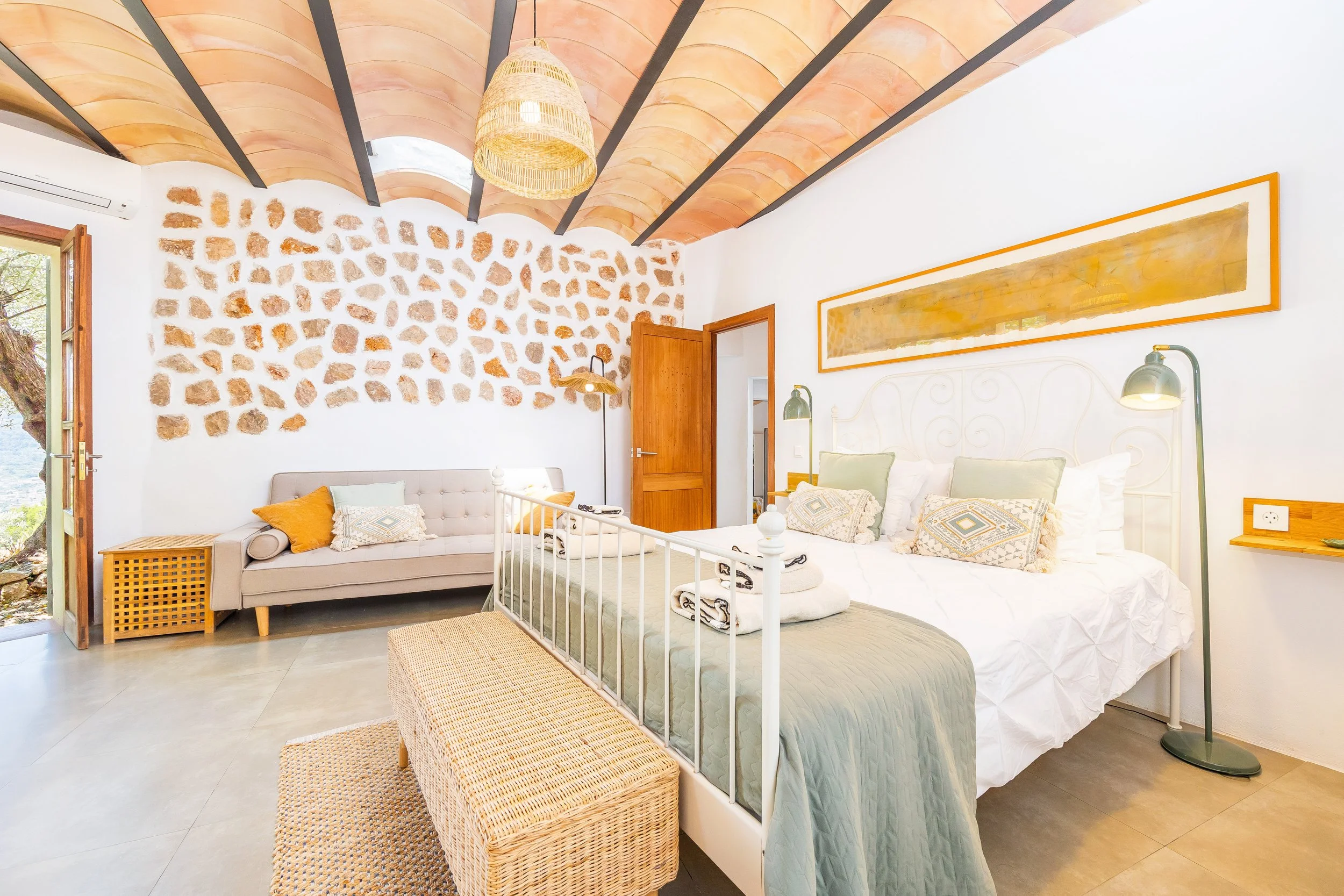 Mountain house interior near Sóller Mallorca renovated with natural light and modern rustic style real estate photography