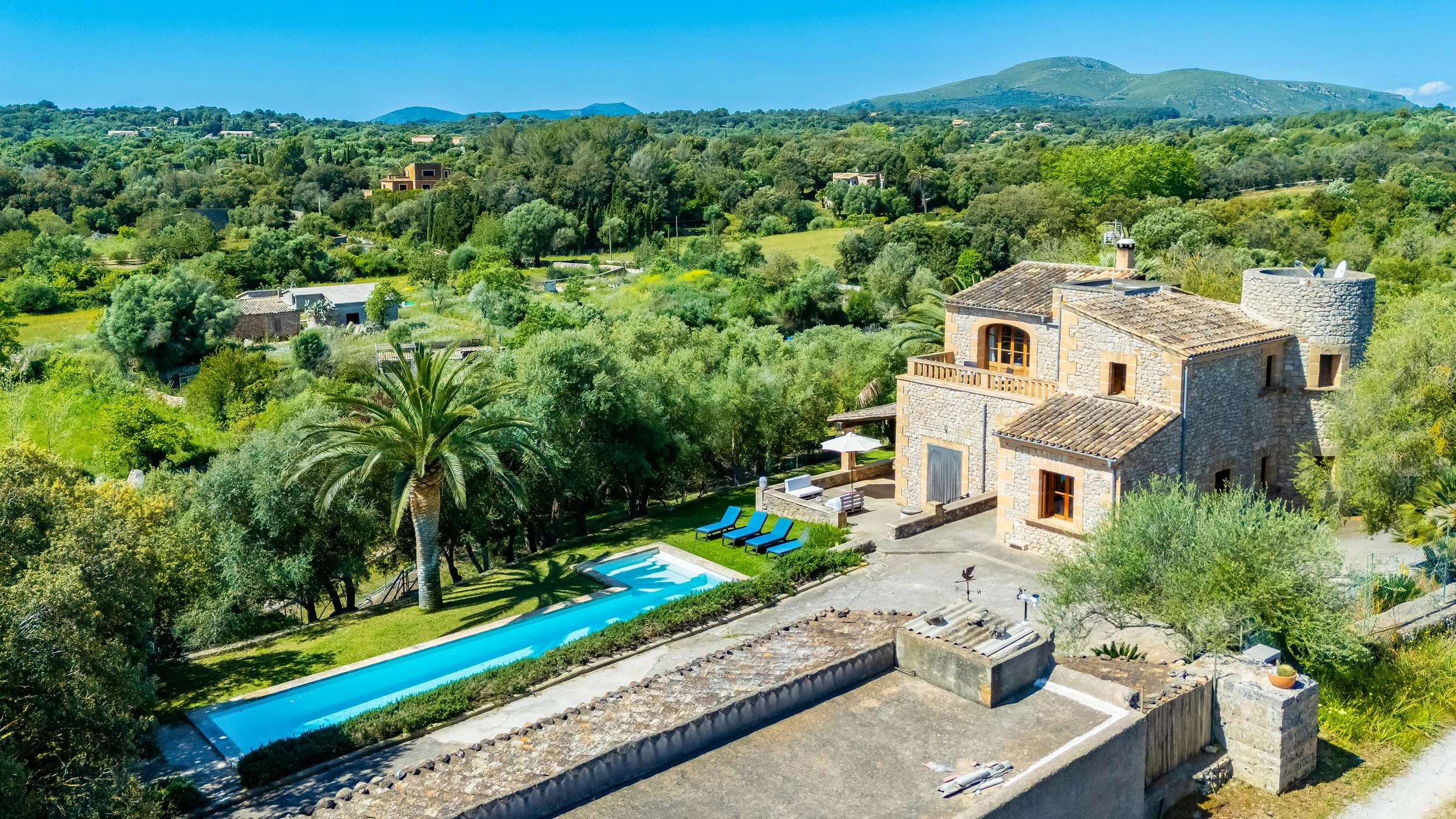 Aerial drone photography of Mallorcan house near Artà with private pool and countryside views