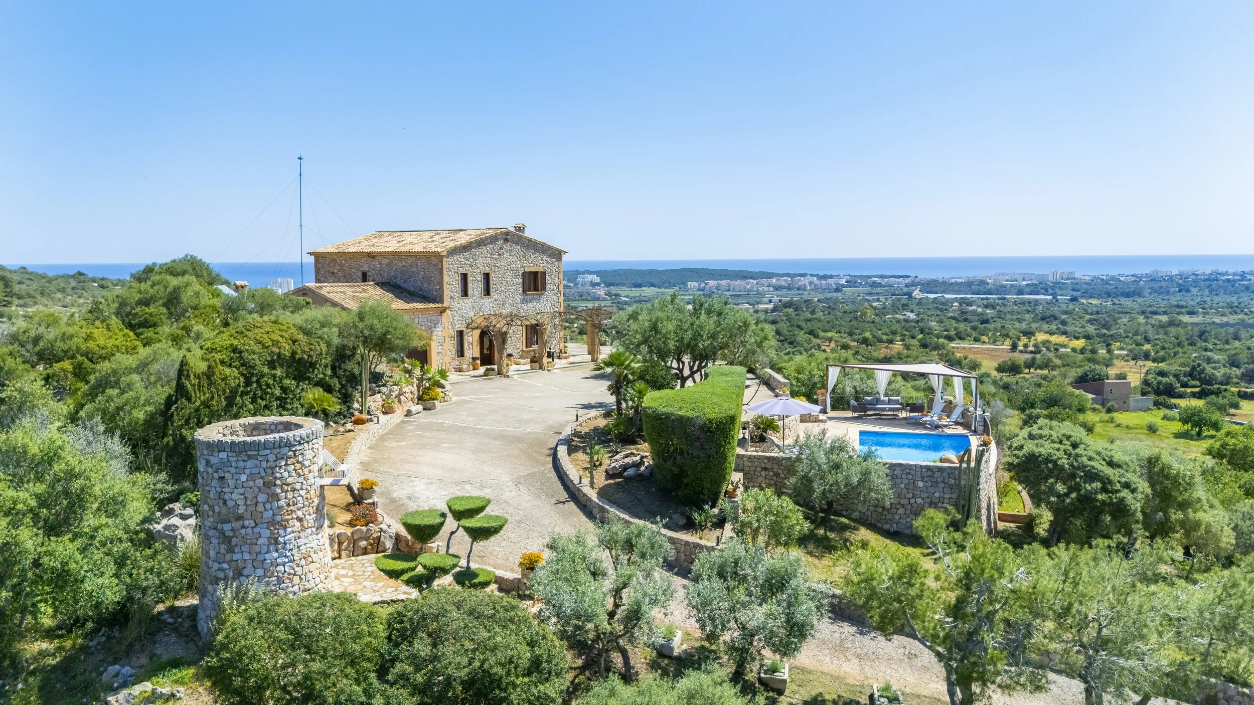 Aerial drone photography of Son Galta Mallorca with private pool and views over Cala Millor coastline