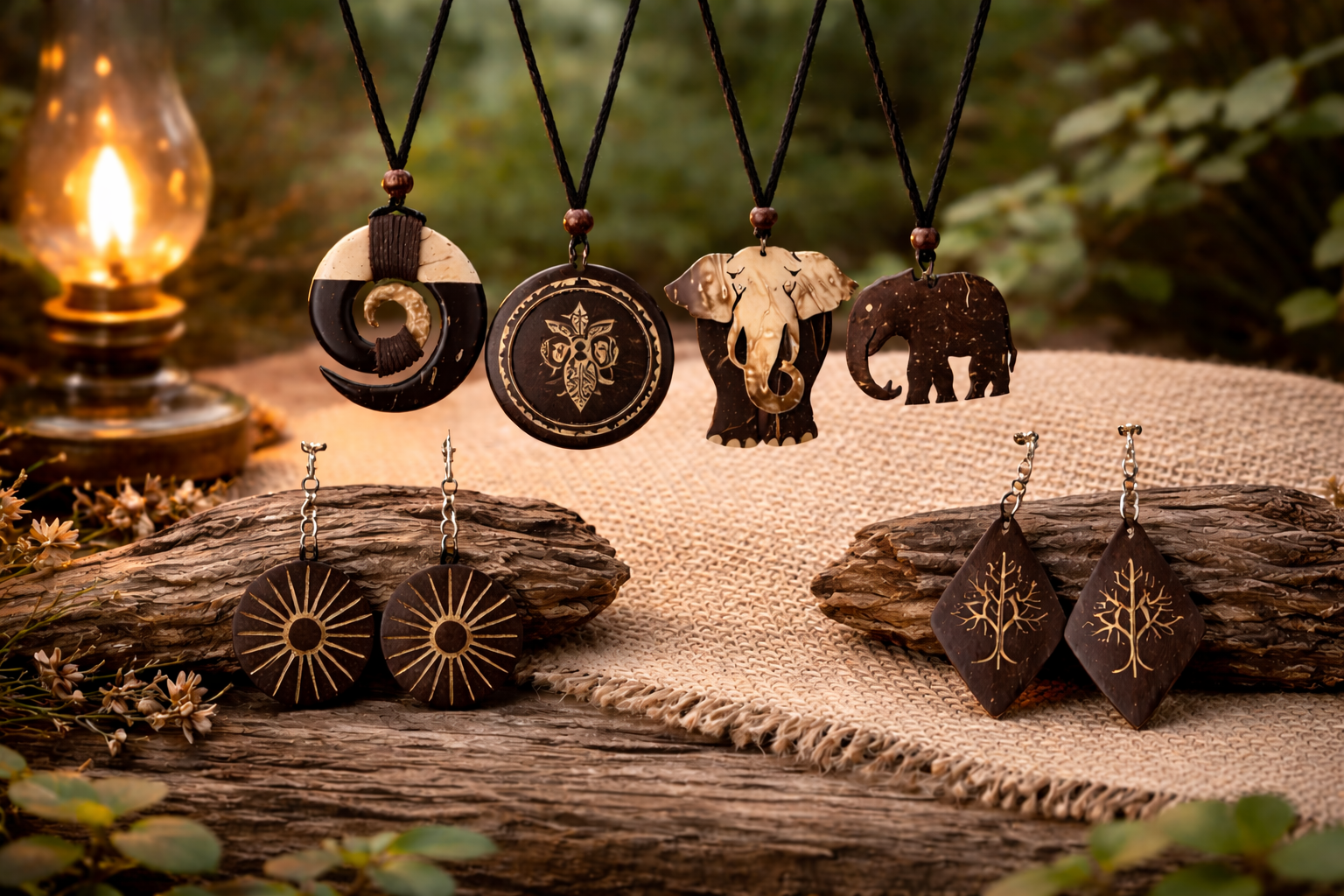 coconut shell jewelry display with necklaces and earrings featuring nature-inspired designs, set on a textured fabric surface with a lantern and small flowers in the background.