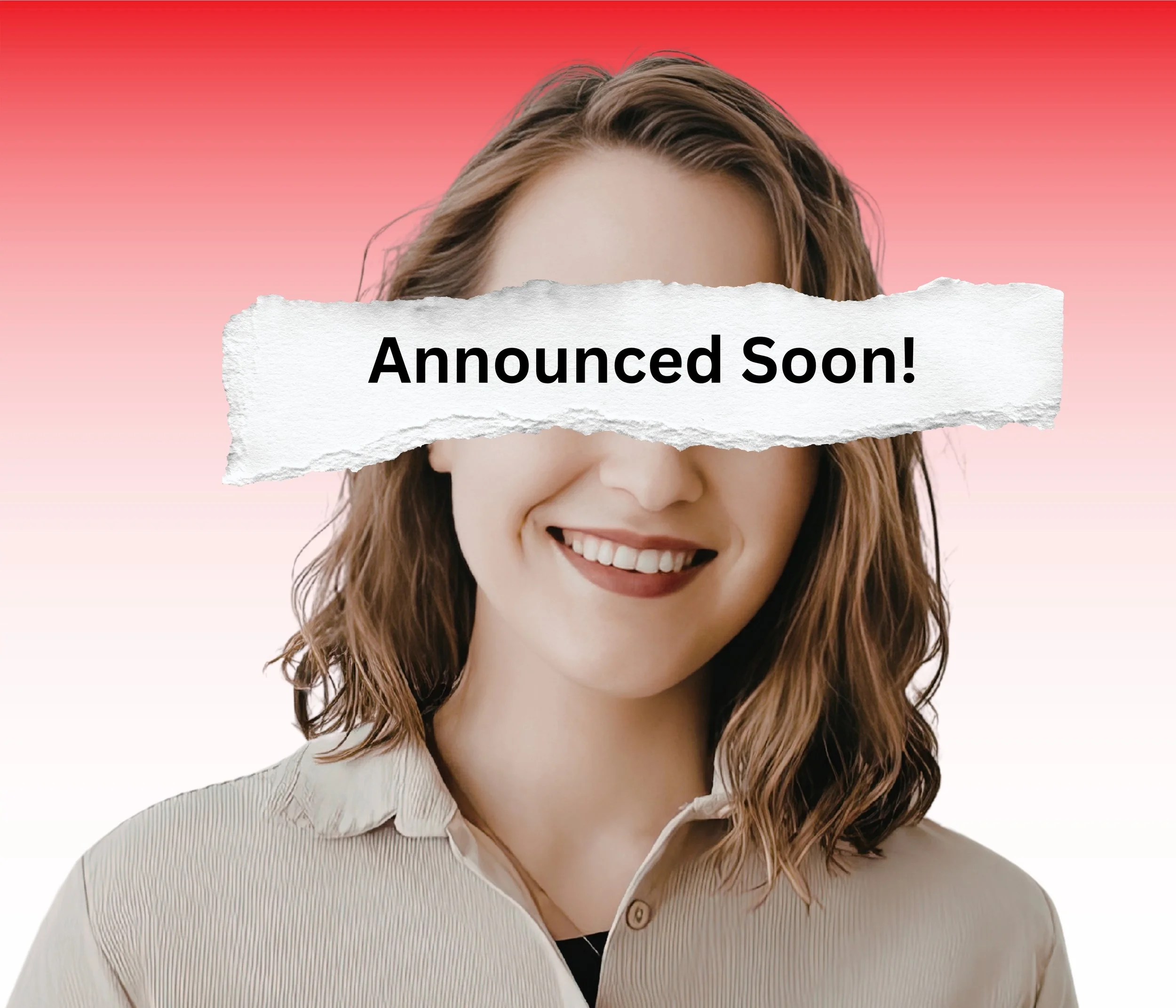 A smiling woman with shoulder-length wavy hair wearing a light-colored shirt, with a pink gradient background. The text "Announced Soon!" is written on a torn piece of paper covering her eyes.