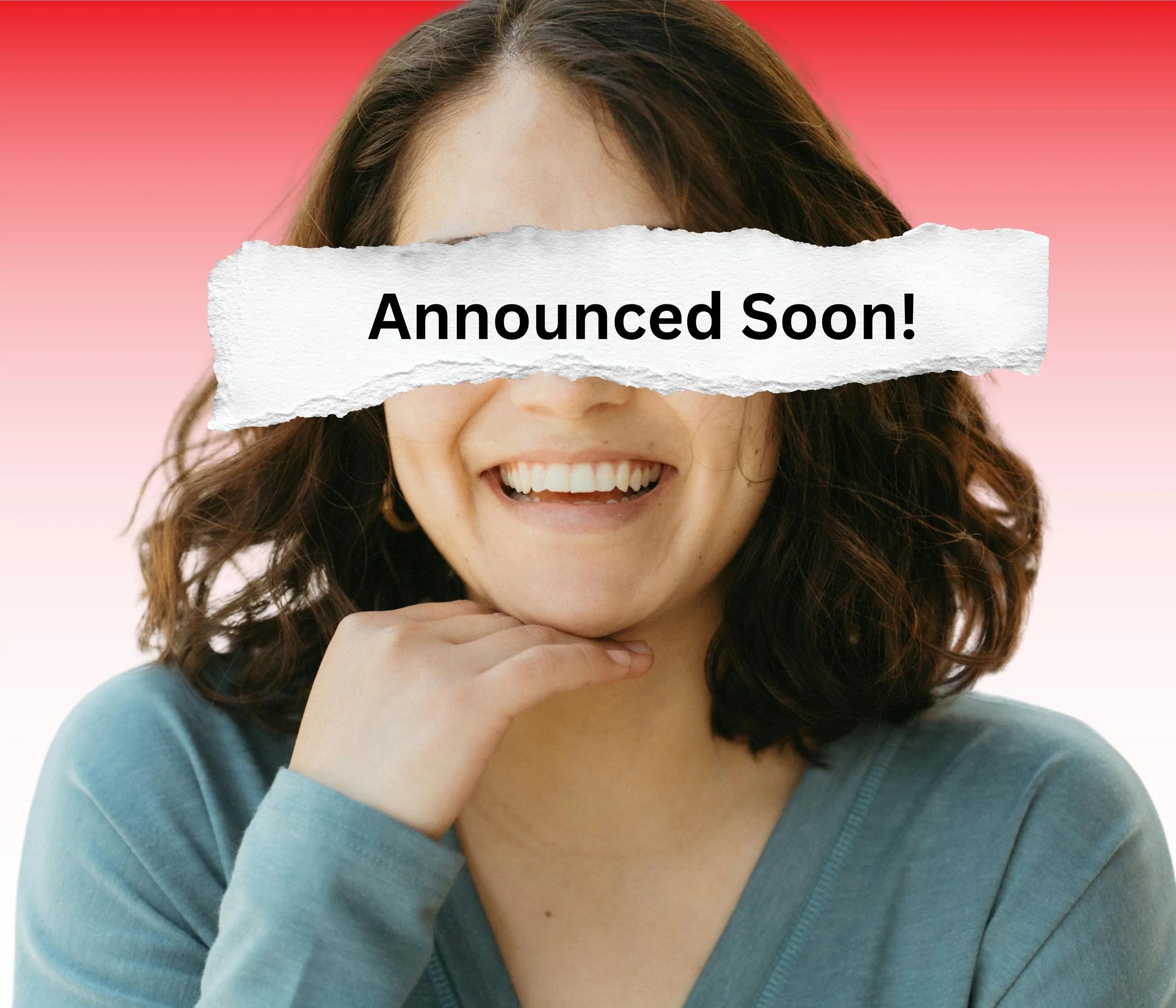 A smiling woman with shoulder-length brown hair and a teal shirt with a torn paper overlay reading 'Announced Soon!'