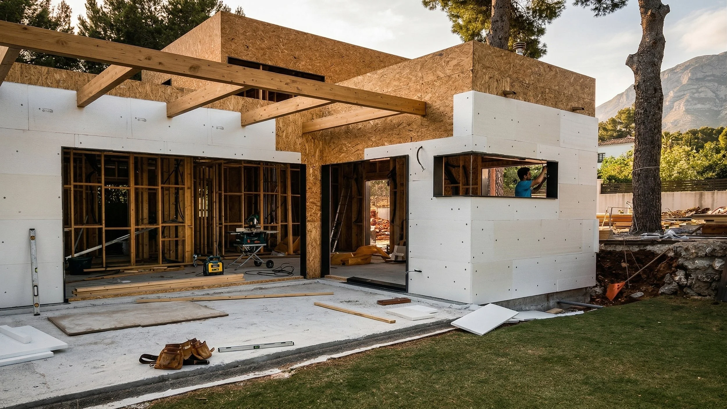Construcción de una casa moderna con estructura de madera y paneles blancos, en proceso de construcción con herramientas y personal trabajando en ella, rodeada de árboles y montañas al fondo.