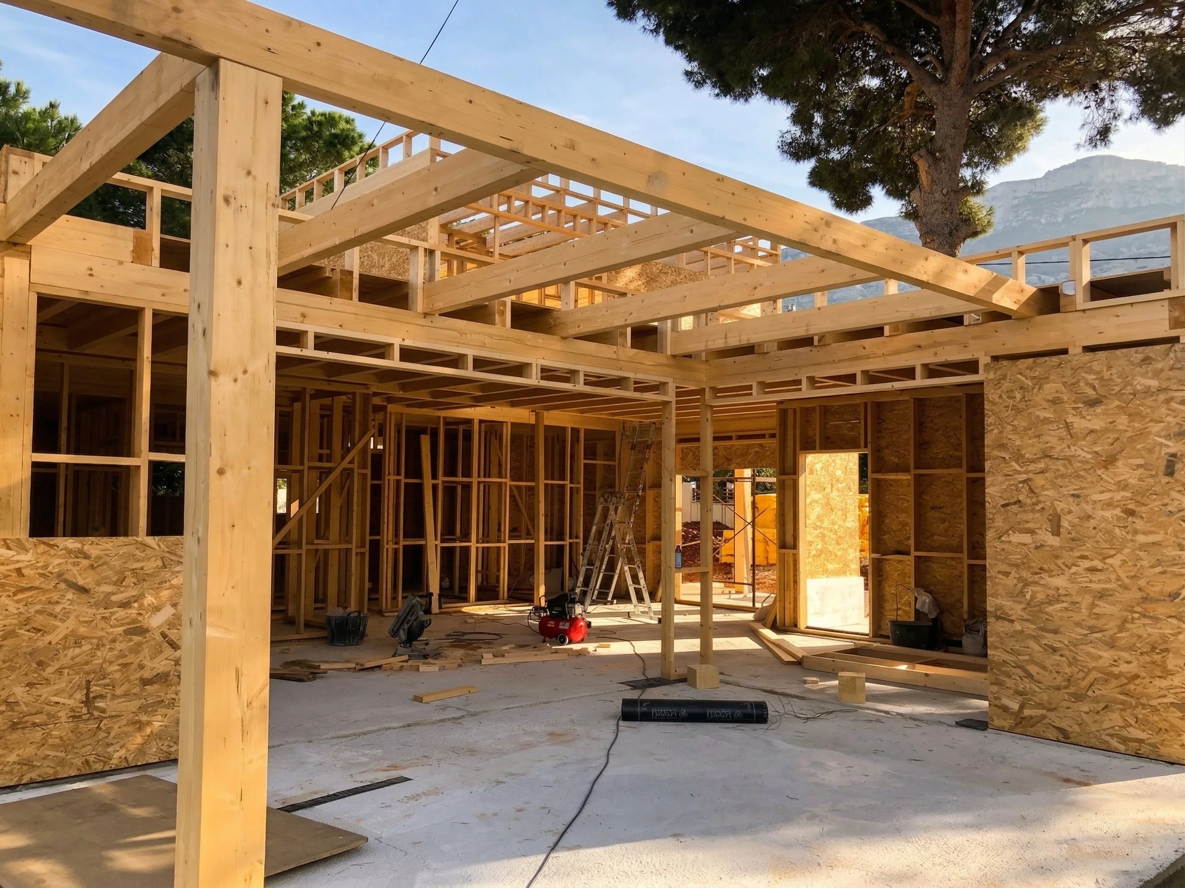 Estructura de madera en construcción de una casa, con paredes y techos en proceso, en un área abierta con herramientas y equipo de construcción.