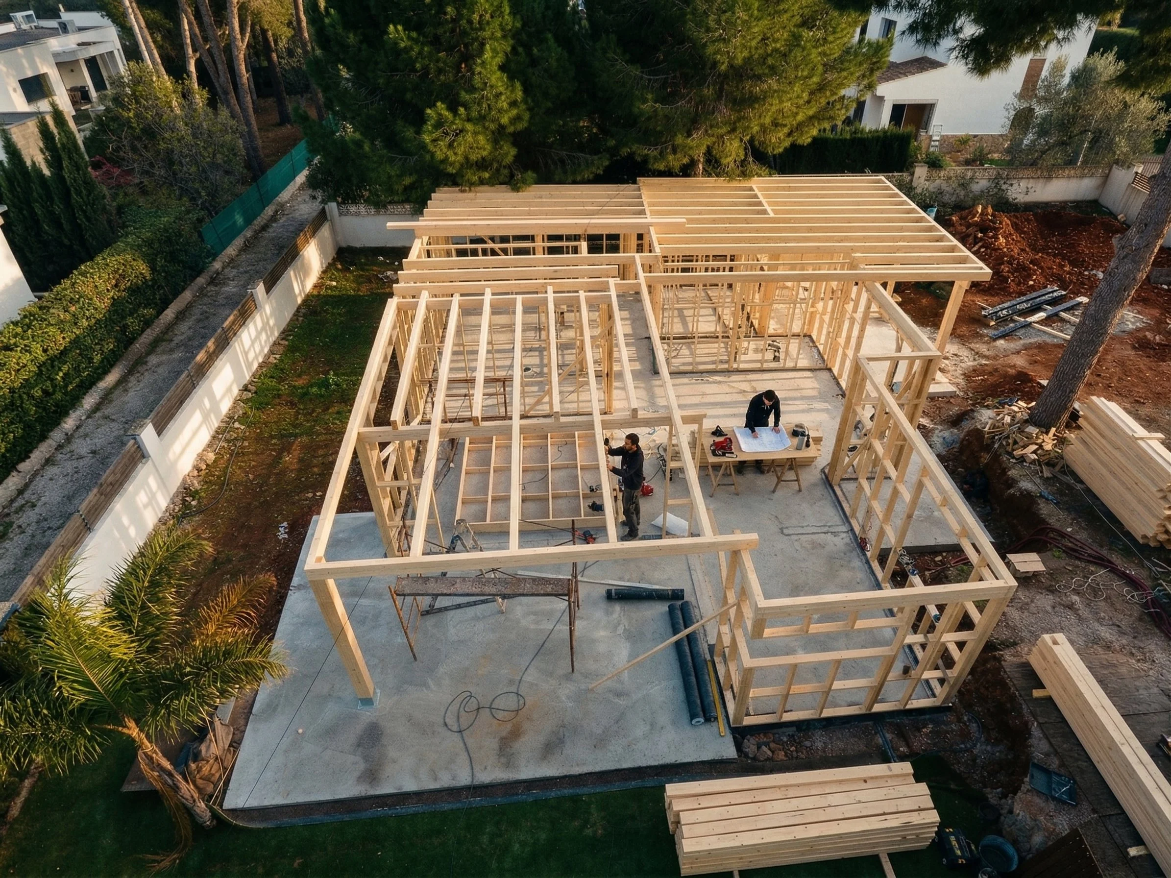 Vista aérea de una construcción de una casa con estructura de madera en proceso, con dos trabajadores revisando planos y usando herramientas, en un terreno con árboles y casas cercanas.