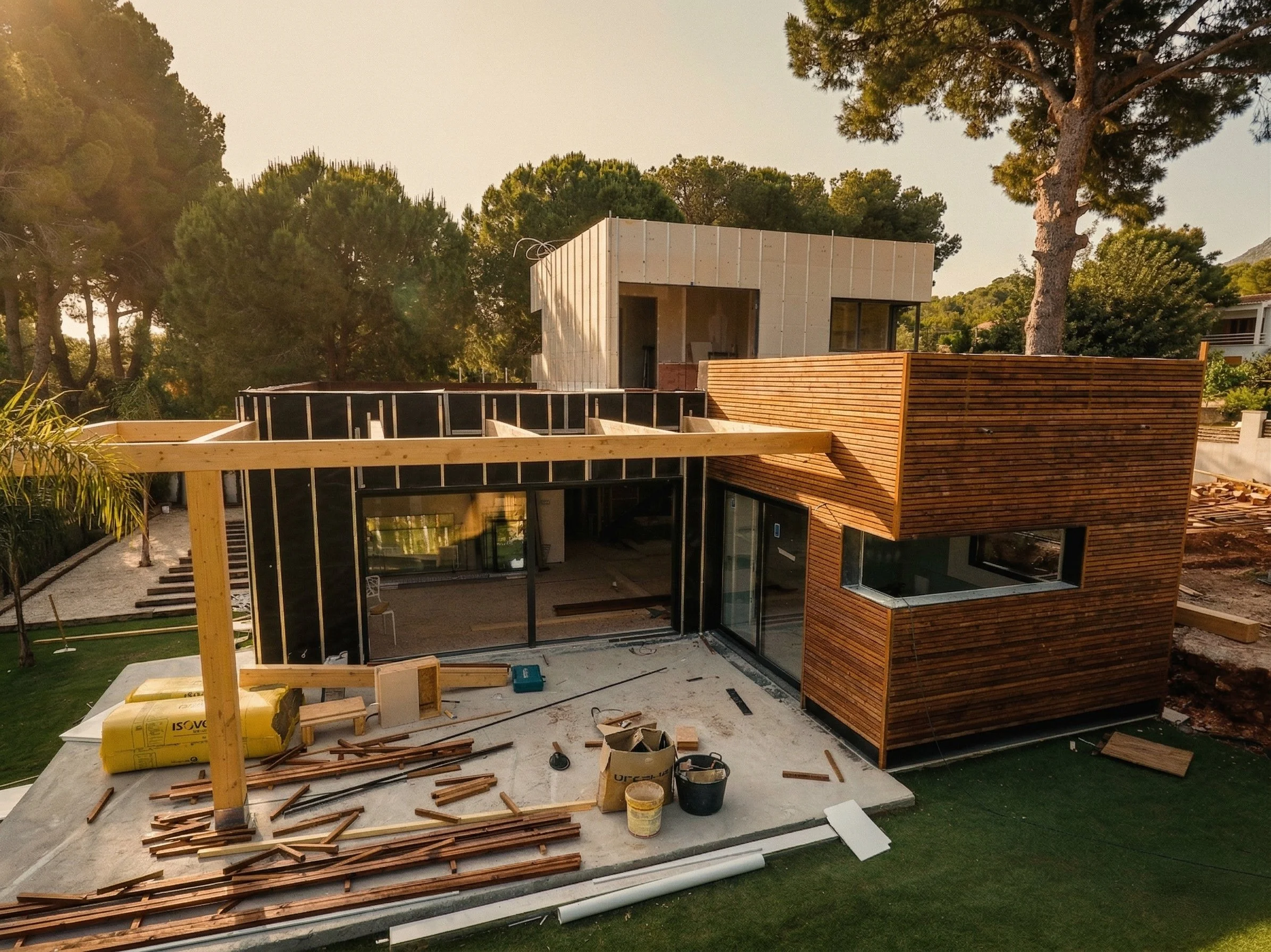 Construcción de una casa con estructura de madera y paredes de madera en proceso, en un entorno con árboles y césped, durante el día.