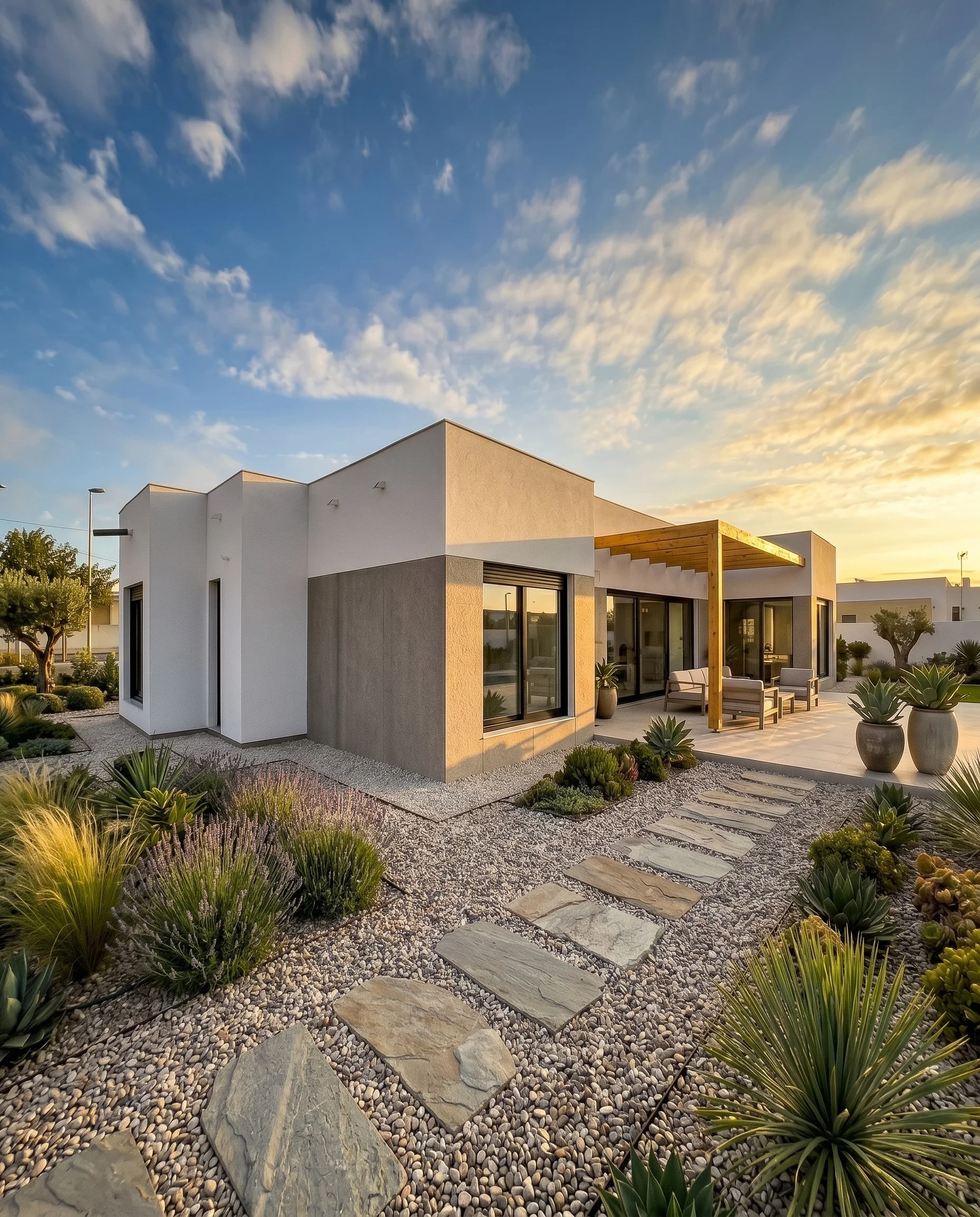 Casa moderna con diseño minimalista, patio con plantas suculentas y caminos de piedra, bajo cielo con nubes y luz de atardecer.