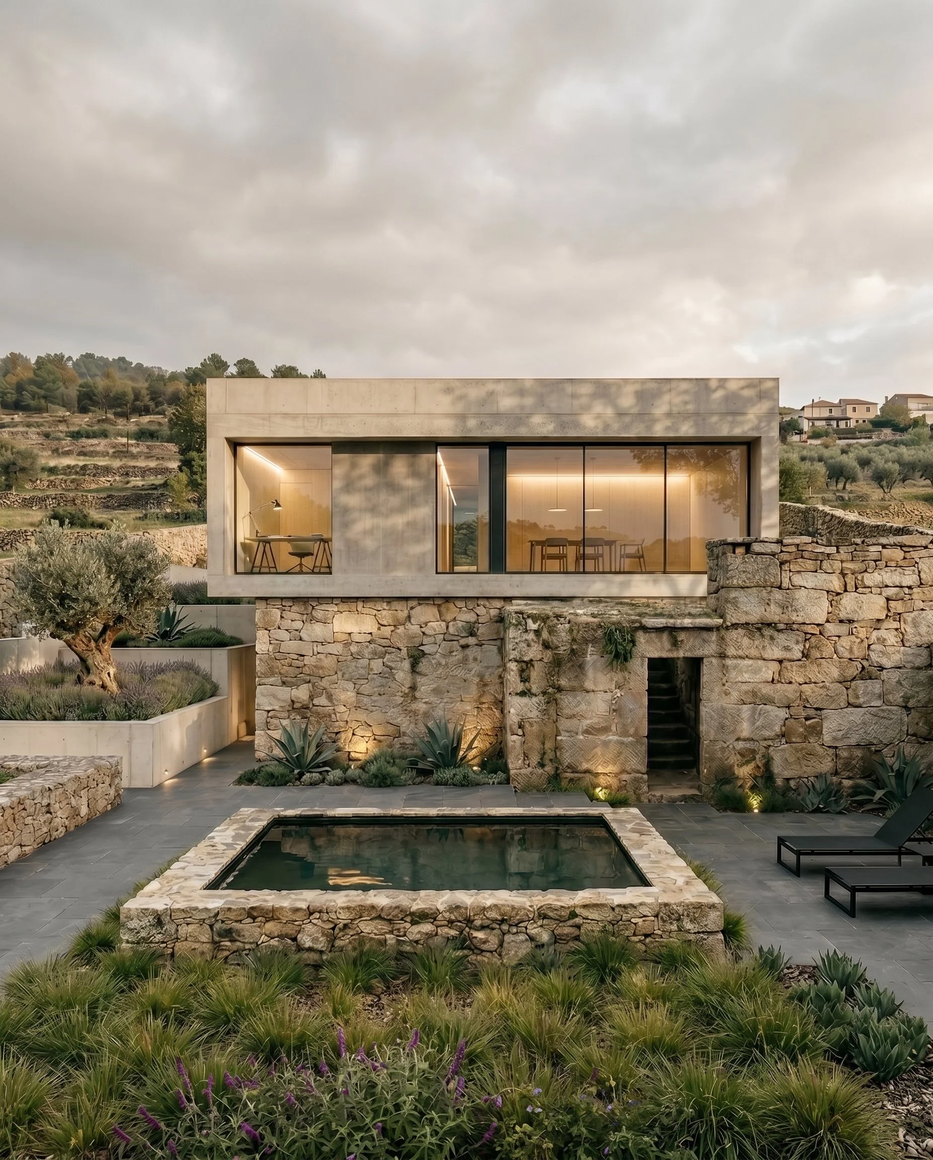 Casa de arquitectura modular de diseño construida en estructura de madera  de dos pisos con fachada de piedra y concreto, con grandes ventanas, en un entorno natural con plantas y una piscina en el patio.