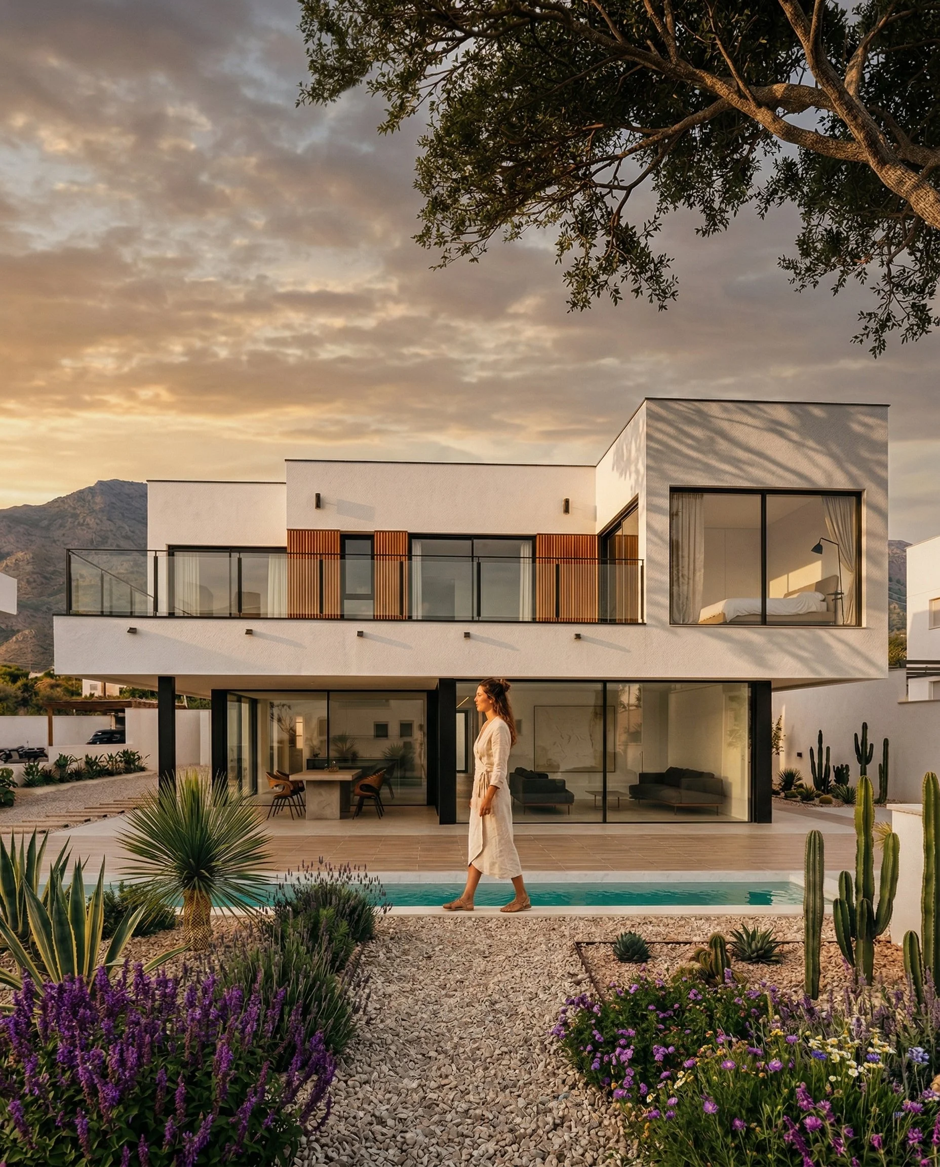 Casa de arquitectura  modular moderna de dos pisos con balcones de cristal, amplios ventanales y un patio con área de piscina. Una mujer camina junto a la piscina en un entorno floral y desértico, con montañas de fondo y cielo nublado al atardecer.