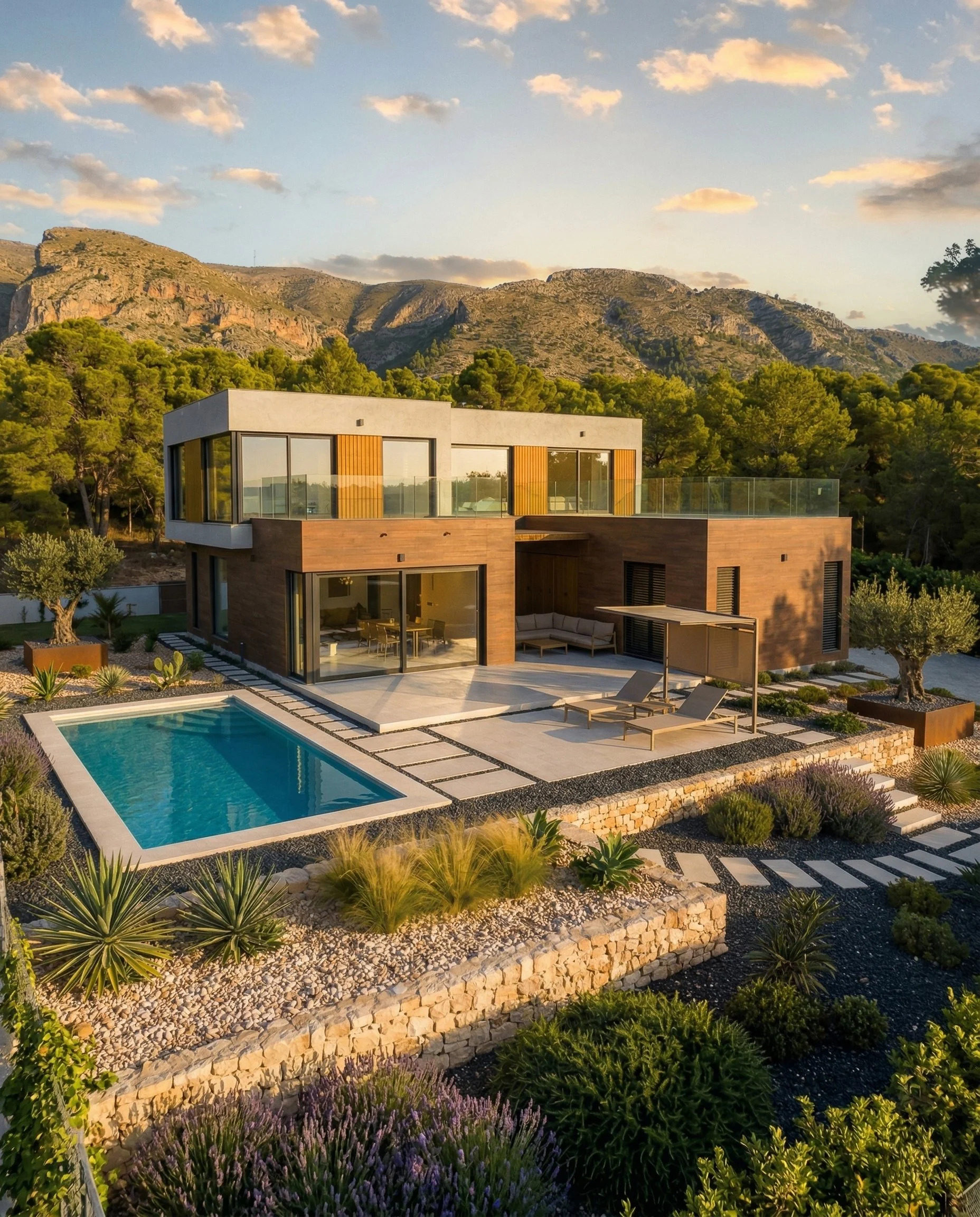 Casa moderna con piscina en un entorno natural y montañas al fondo, durante el atardecer.