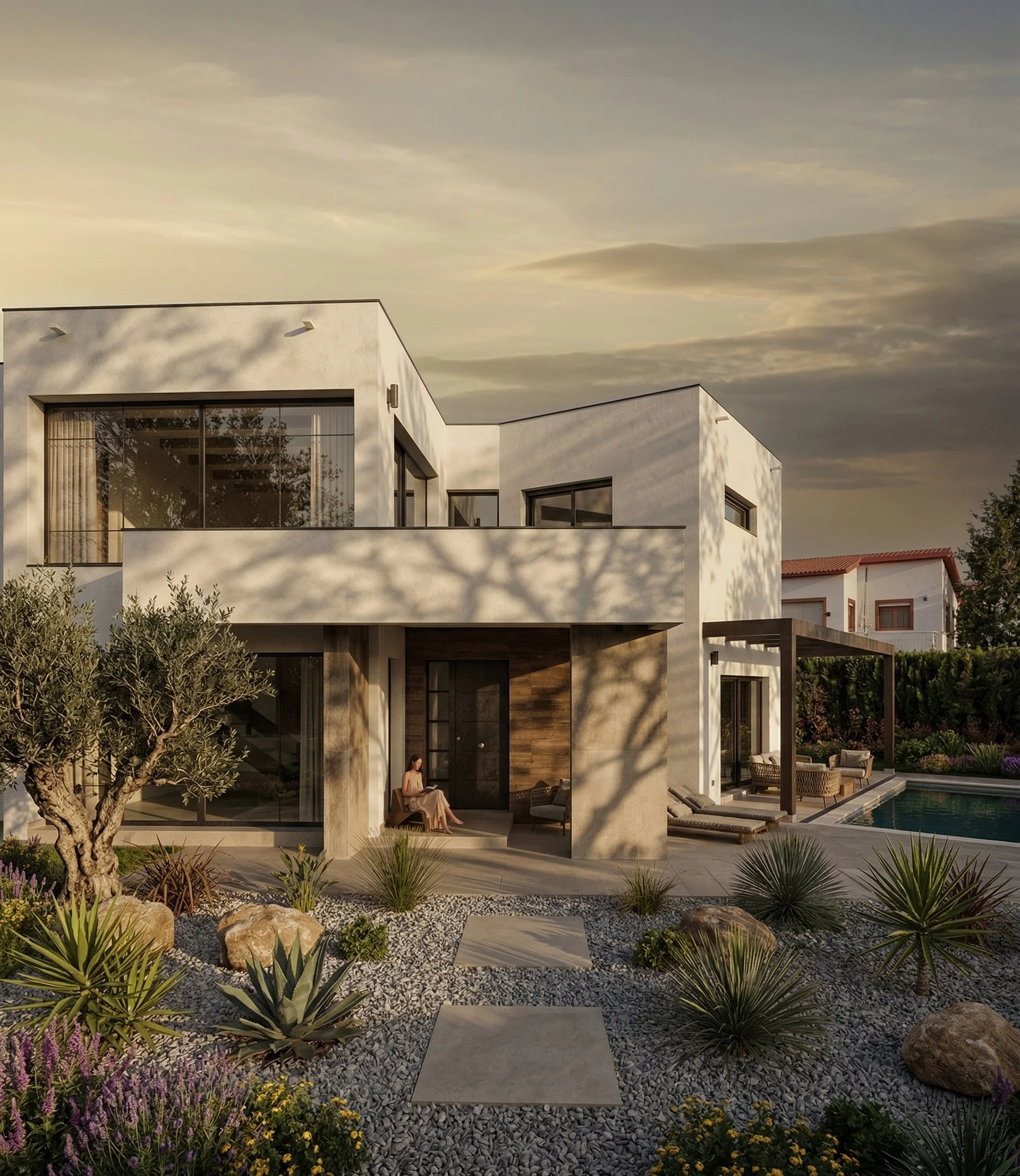 Casa de arquitectura  modular de diseño construida en estructura de madera de dos pisos con jardín y piscina en primer plano, y terraza exterior con muebles, bajo un cielo nublado al atardecer.
