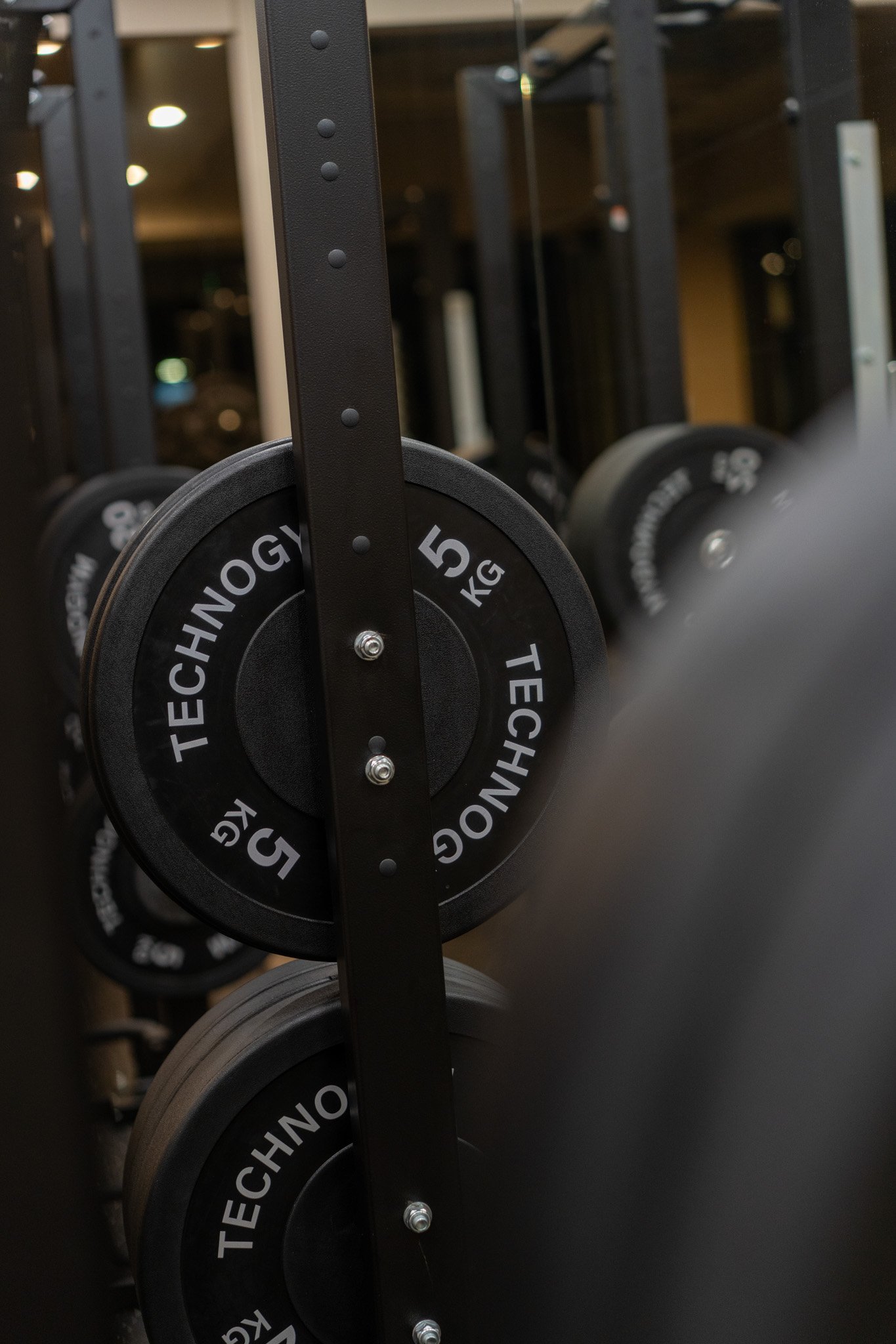 Weight plates labeled TECHNOGYM hanging on a gym rack in a fitness center.