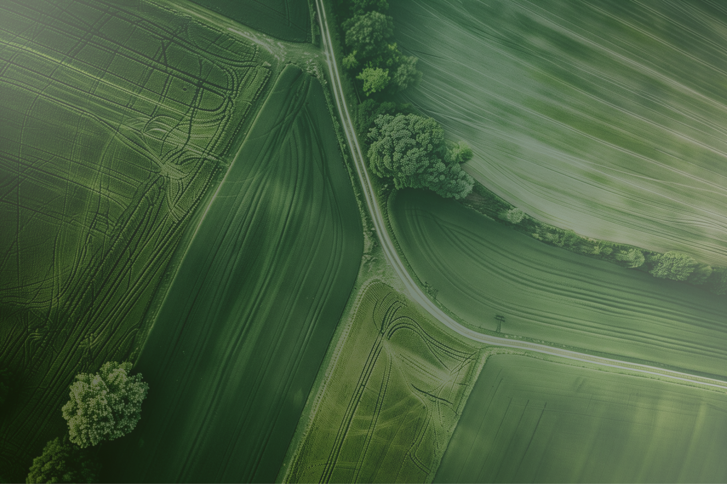 Aerial view of lush green farmland with fields, trees, and a winding road.