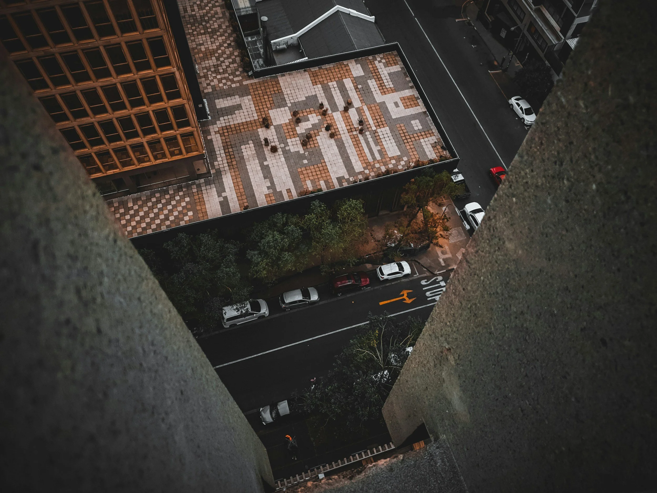 A view from a high-rise building looking down onto a city street and rooftop. The rooftop has a patterned tiled surface with potted plants, and the street below has parked cars and trees along the sidewalk.
