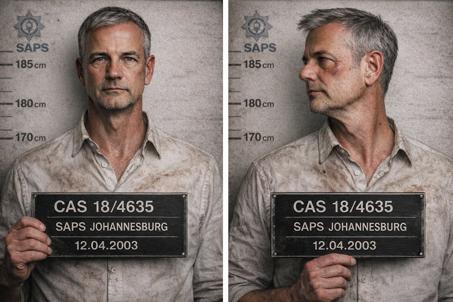 Mugshot of an older man with short gray hair, holding a black sign with white text that reads "CAS 18/4635, SAPS Johannesburg, 12.04.2003," against a height chart background. The image shows front and side views of the man.