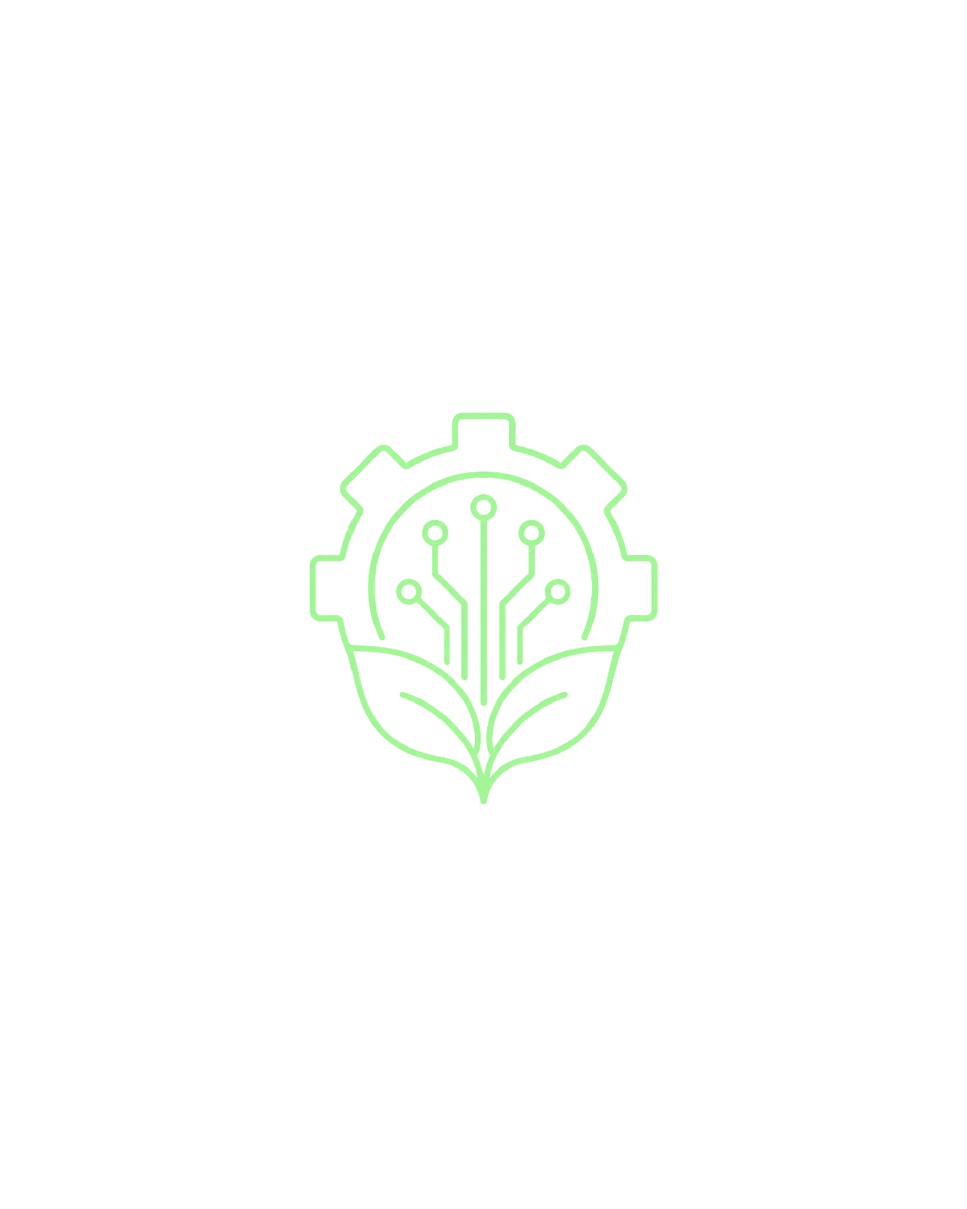 A neon green outline of a circuit board integrated within a gear, symbolizing technology or engineering.