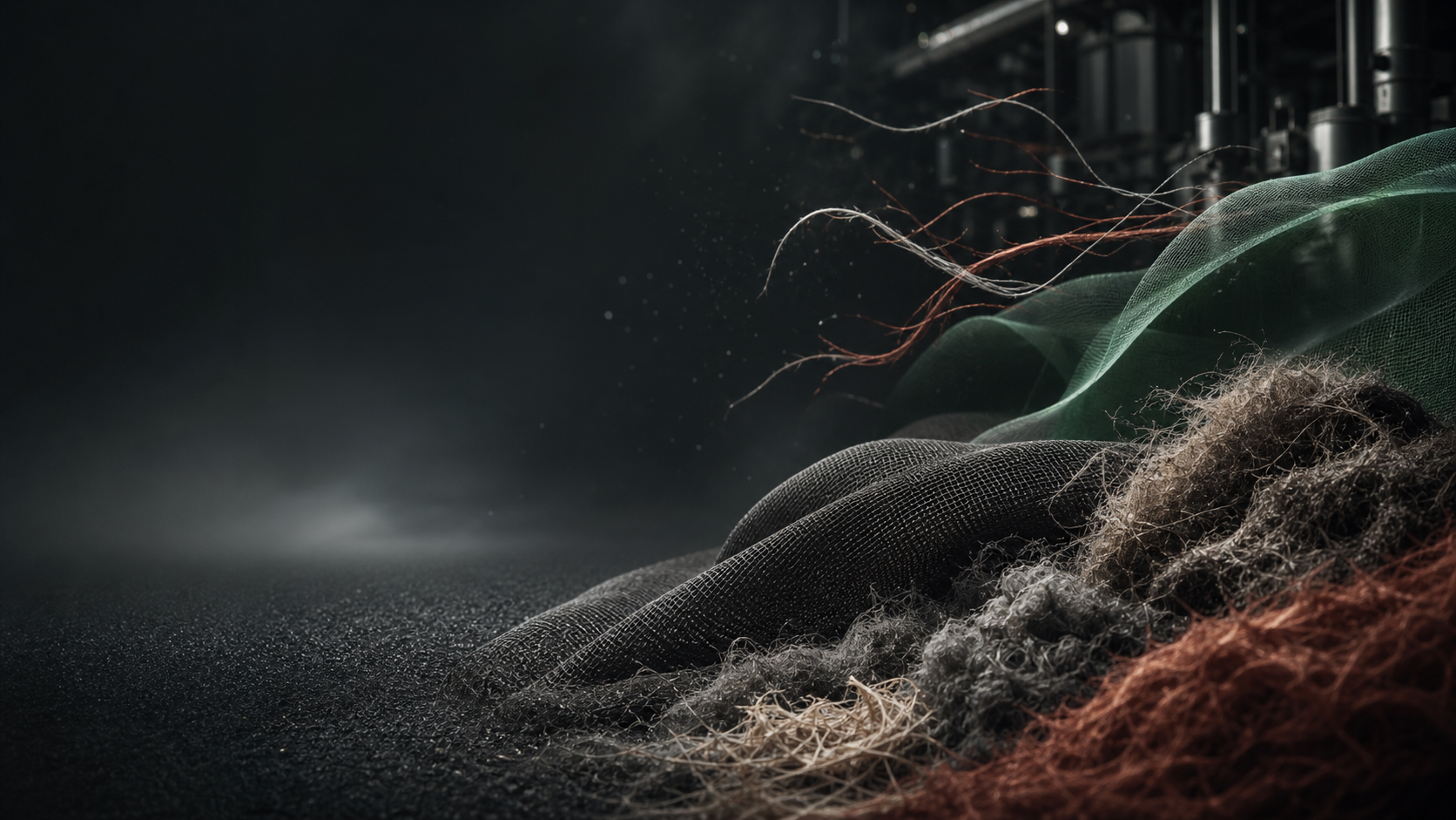 Close-up of tangled fishing nets in various colors and textures, laid out on a dark surface.