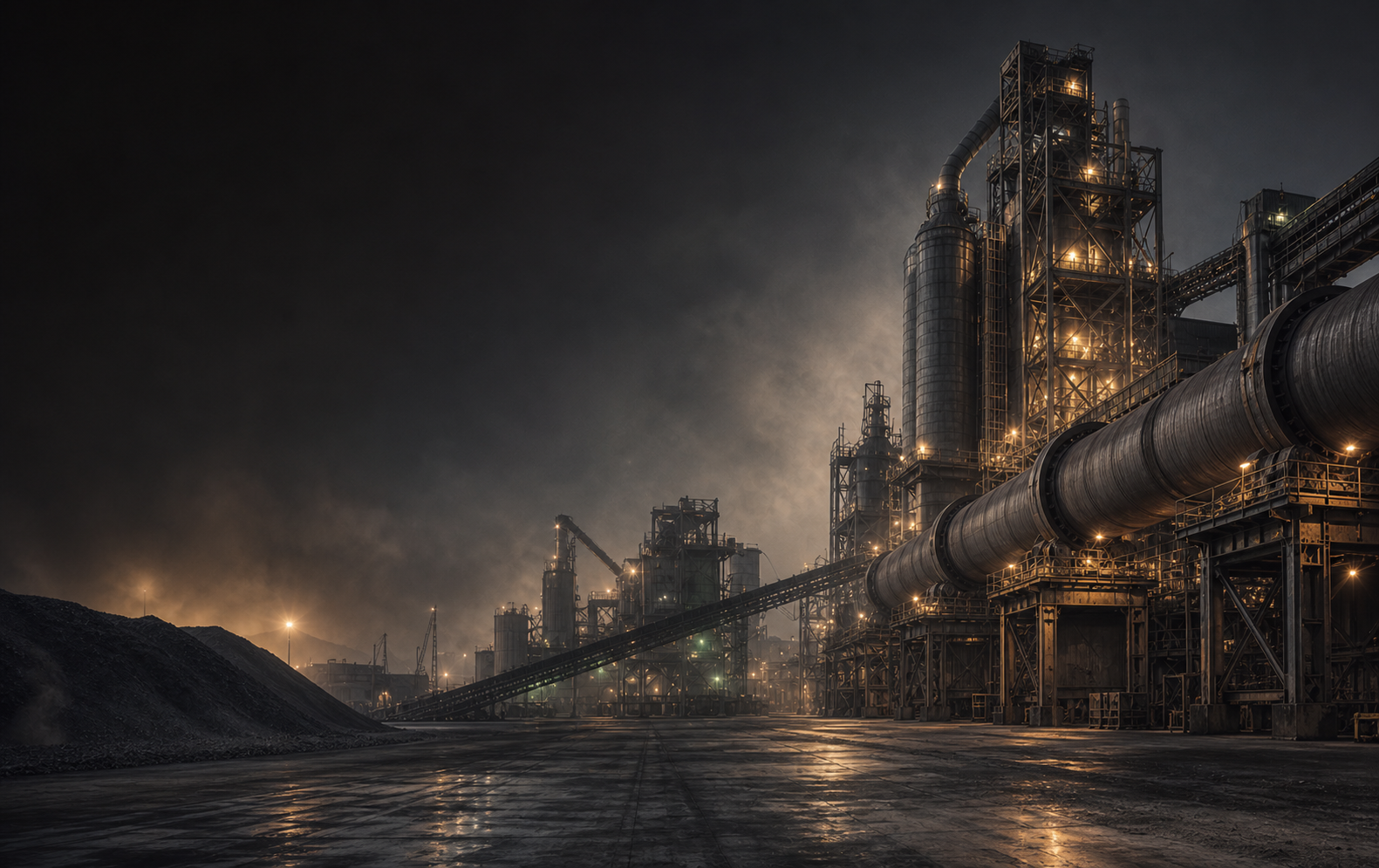 Industrial factory at night with illuminated structures, large pipes, and dark cloudy sky.