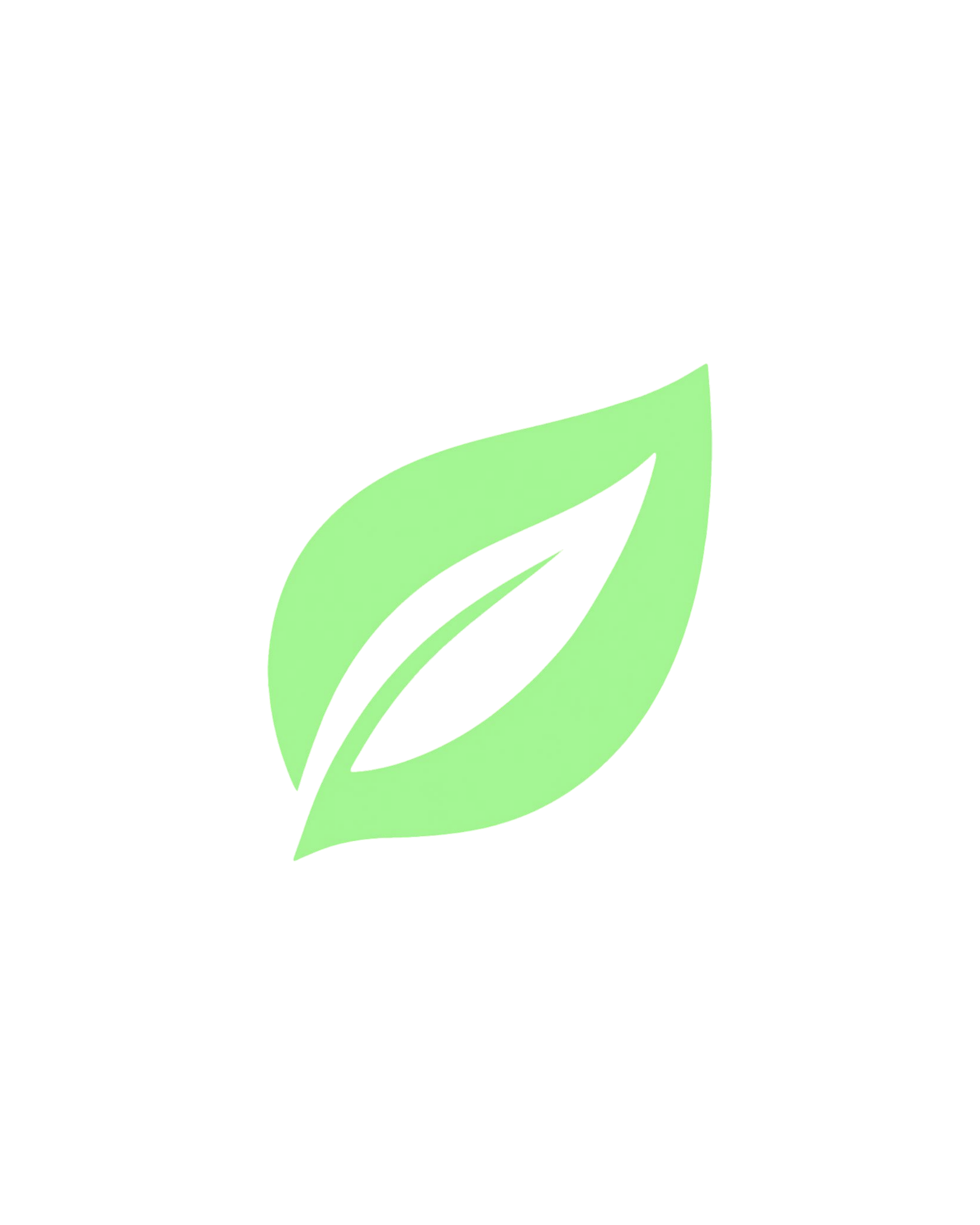 Light green leaf graphic with a stylized design on a black background.