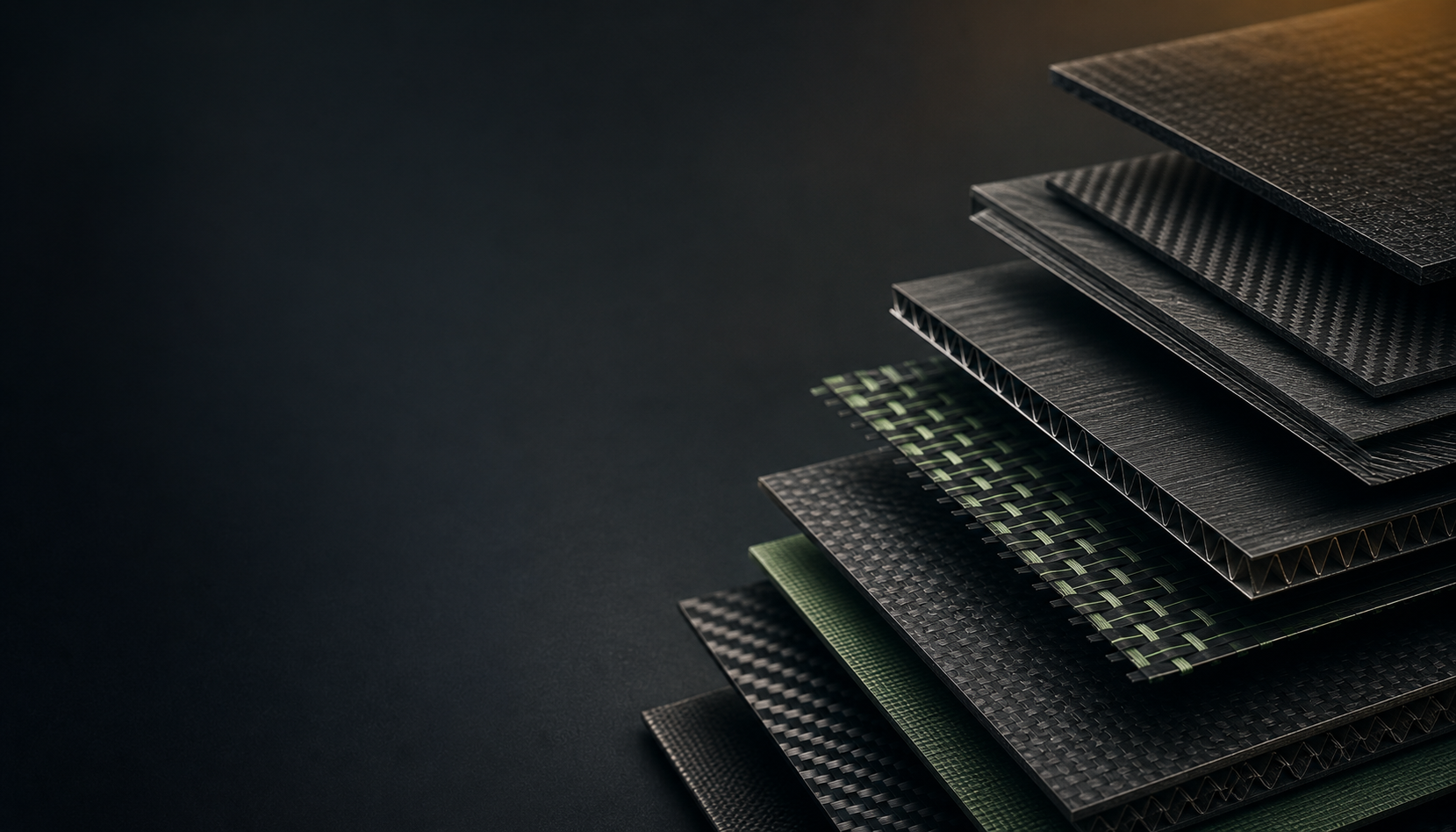 Stacked sheets of black and green carbon fiber and composite material on a black background.