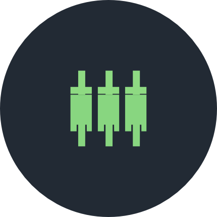 Icons of three green audio cassette tapes on a dark circular background.