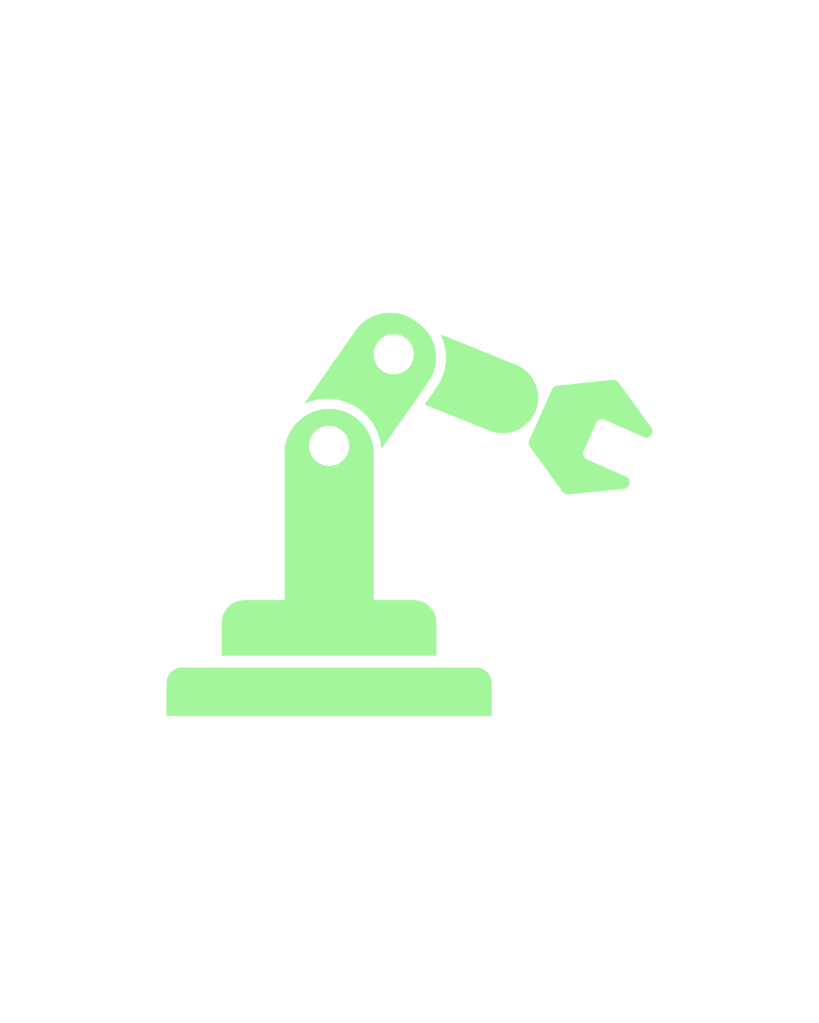 Illustration of a robotic arm holding a domino piece, with the dominoes and arm rendered in a simplified, geometric style against a black background.