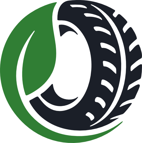 A logo combining a green leaf and a black tire, symbolizing eco-friendly tires or automotive sustainability.