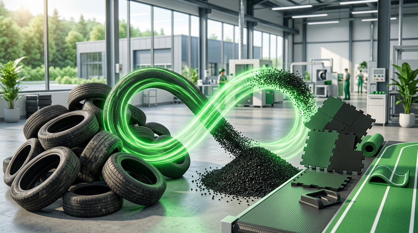A digital illustration of used tires, black rubber particles, and foam padding in a modern manufacturing or research facility. A glowing green infinity symbol is surrounded by tire parts and equipment.