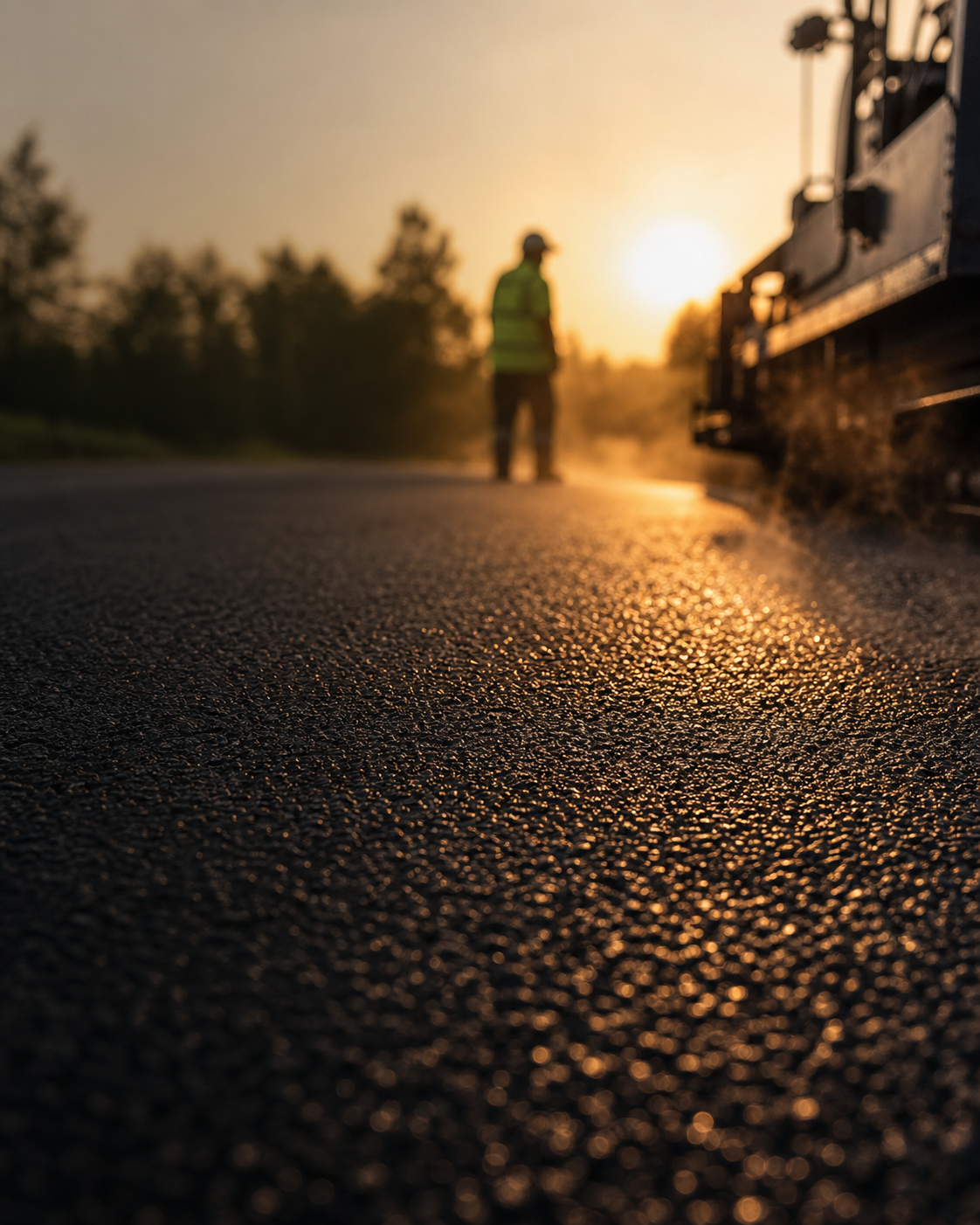A person wearing a reflective safety vest standing on a road at sunset, with a train visible on the right side of the image.