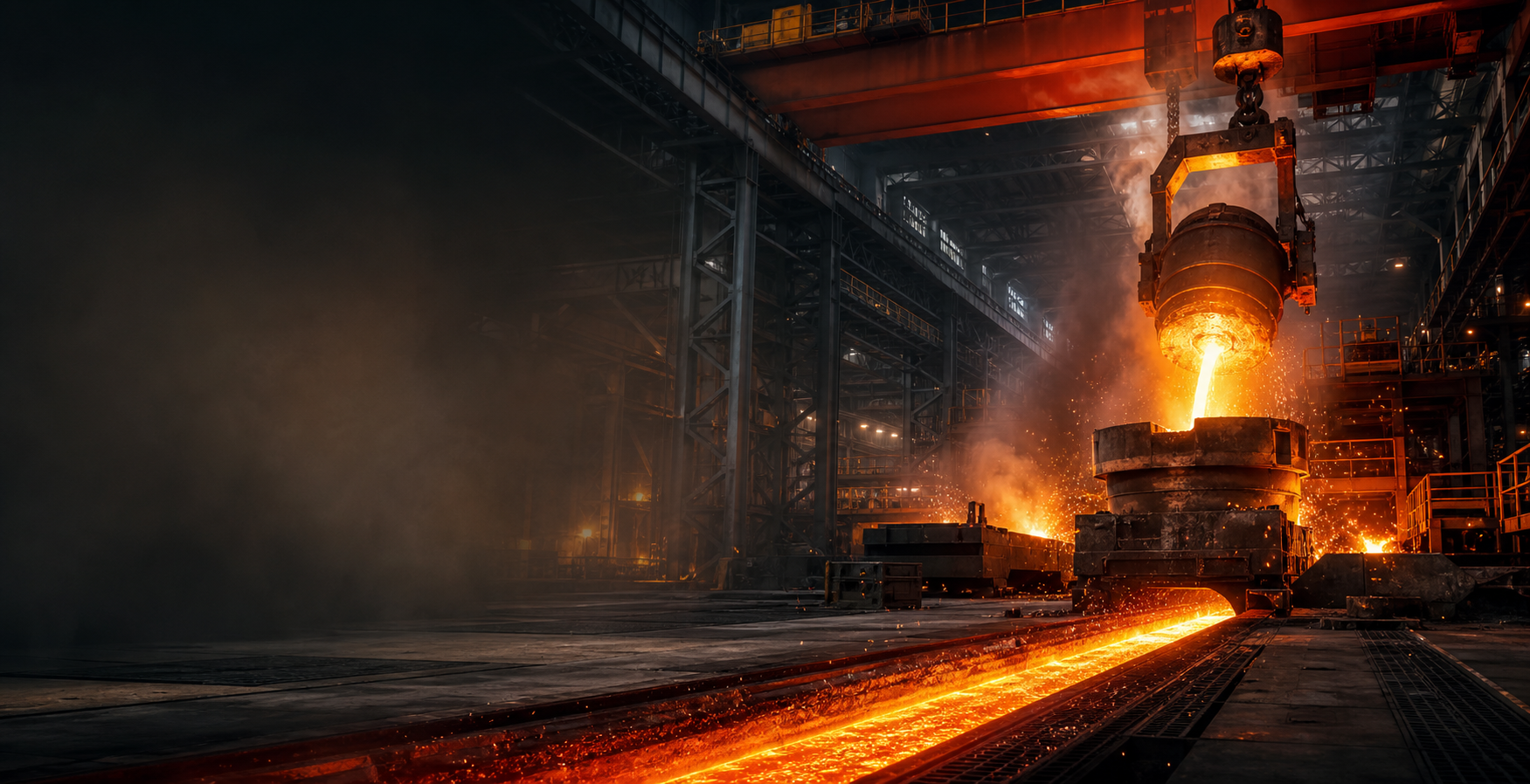 A steelmaking furnace pouring molten metal in an industrial factory, with bright orange glow and sparks.