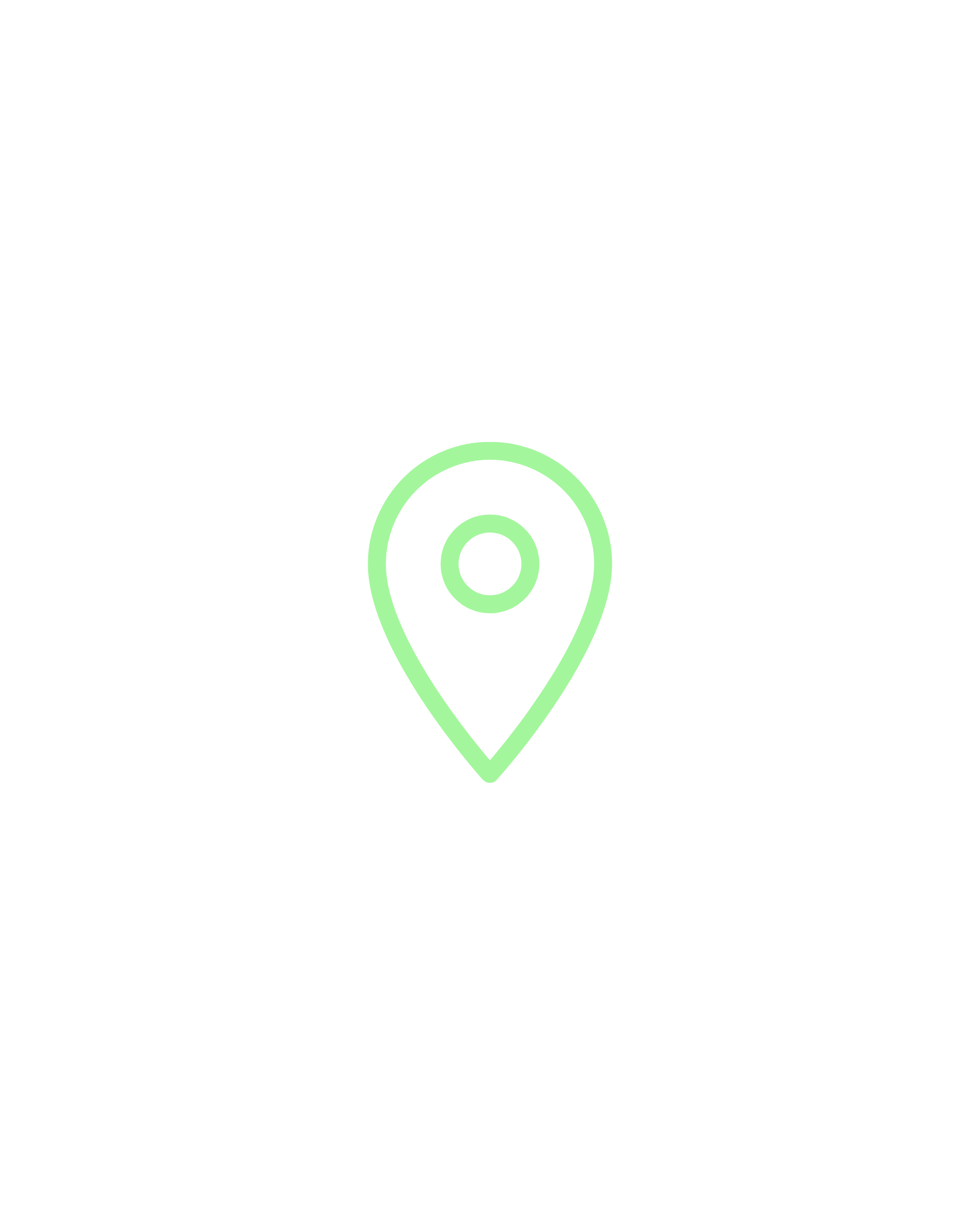 A digital map with a bright green location pin icon in the center.