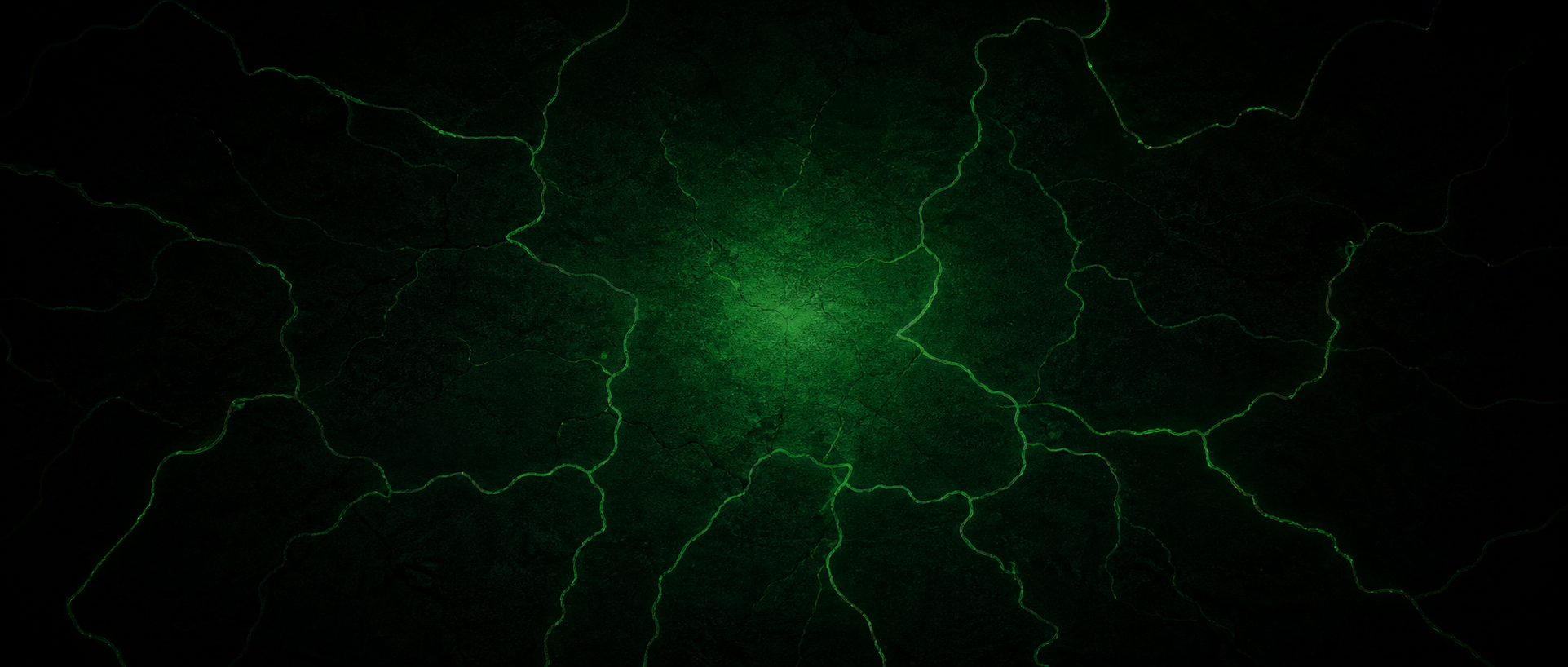 Dark textured surface with glowing green cracks or lightning pattern emanating from the center.