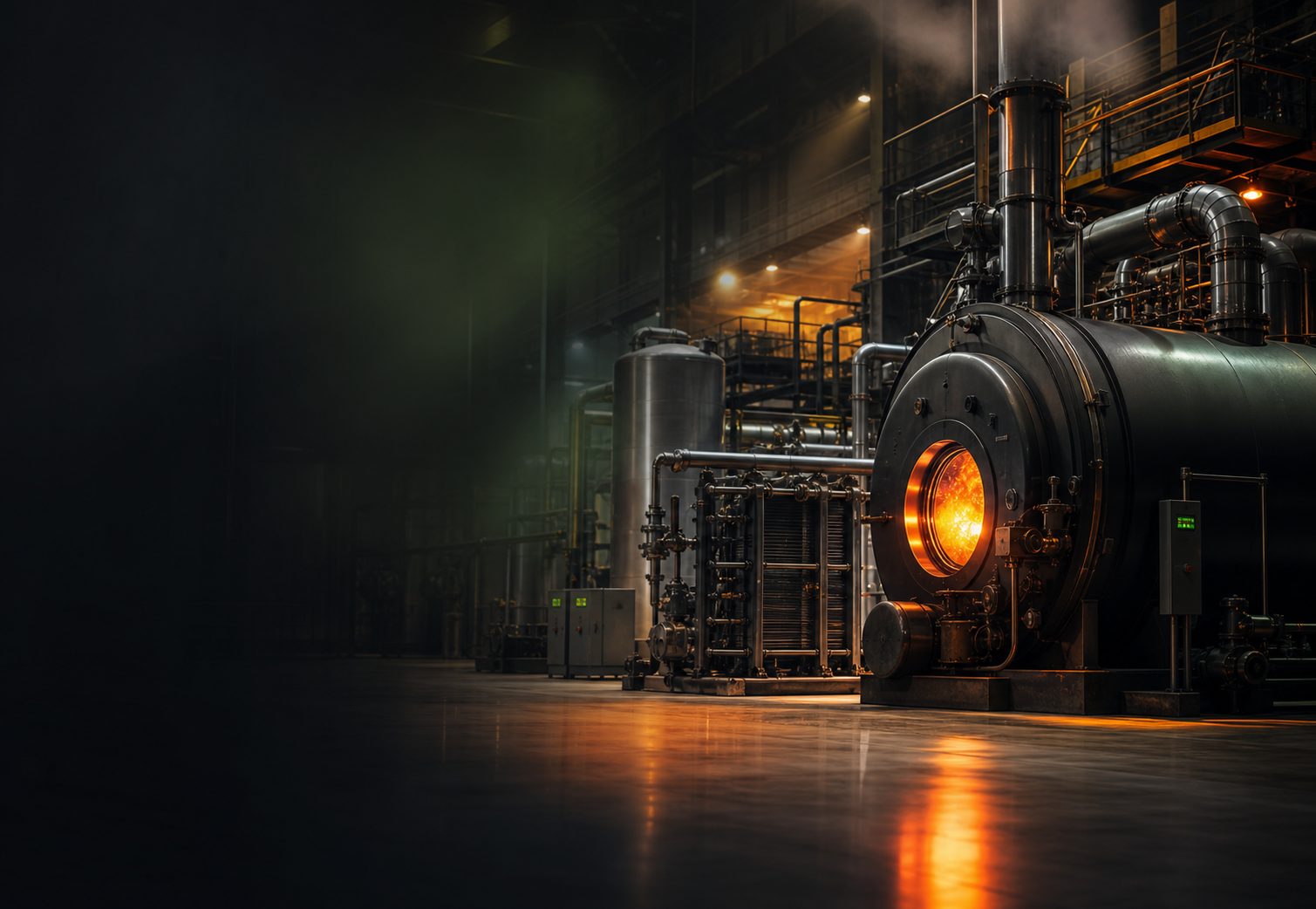 An industrial factory with large machinery, pipes, and a glowing central component emitting orange light, inside a spacious manufacturing facility with high ceilings and metal structures.