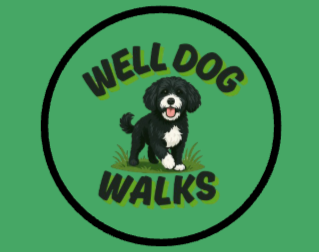 A circular logo with a black and white cartoon dog in the center, under the text "WELL DOG WALKS," on a green background.