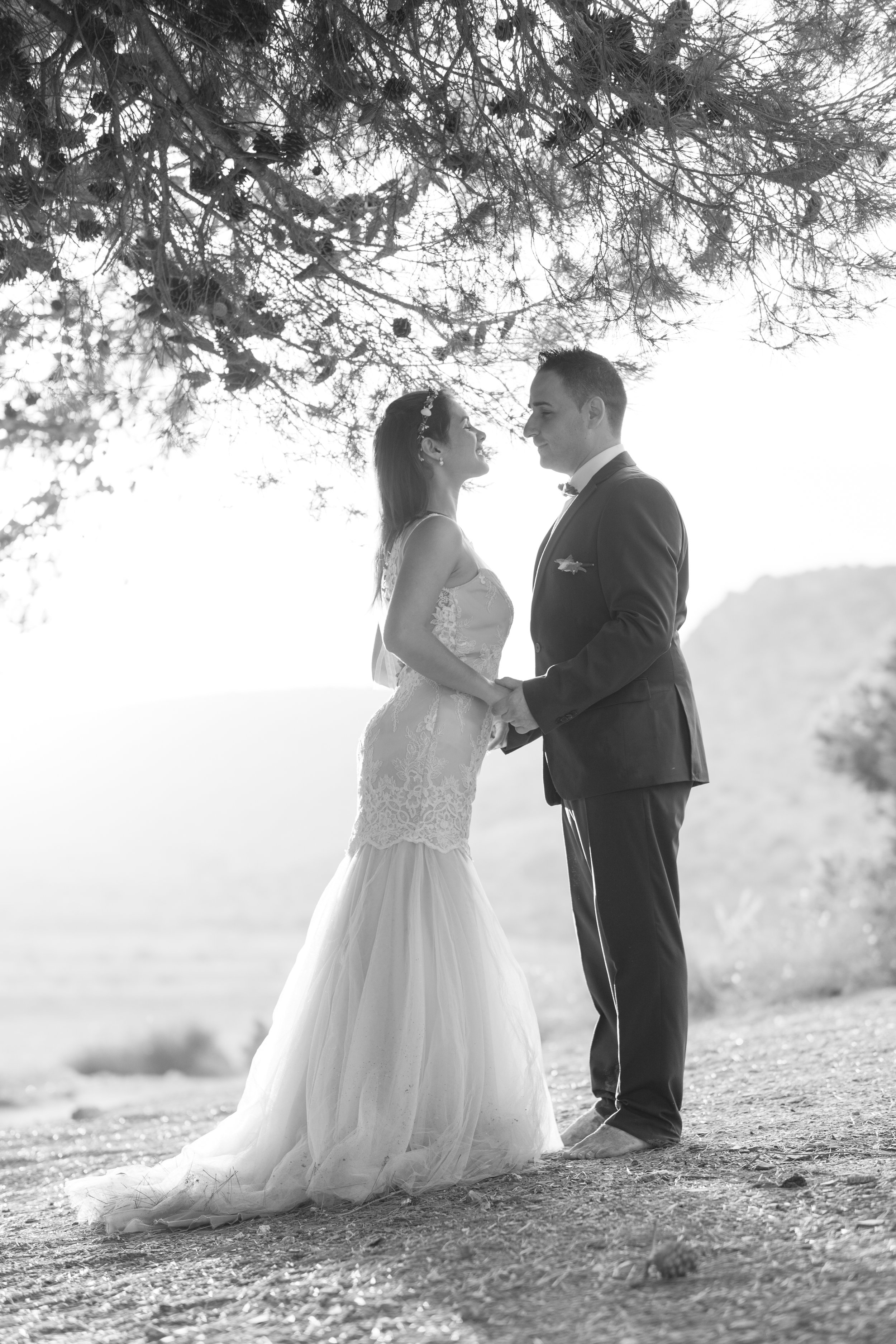 Pareja de recién casados en un campo abierto, de espaldas y tomados de las manos, con árboles en el fondo, en una foto en blanco y negro en un entorno natural y tranquilo.