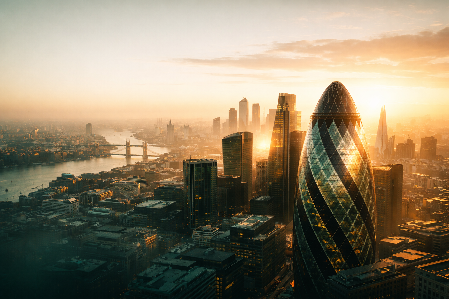 London skyline at sunrise featuring the Gherkin building, symbolizing innovation and new business growth.