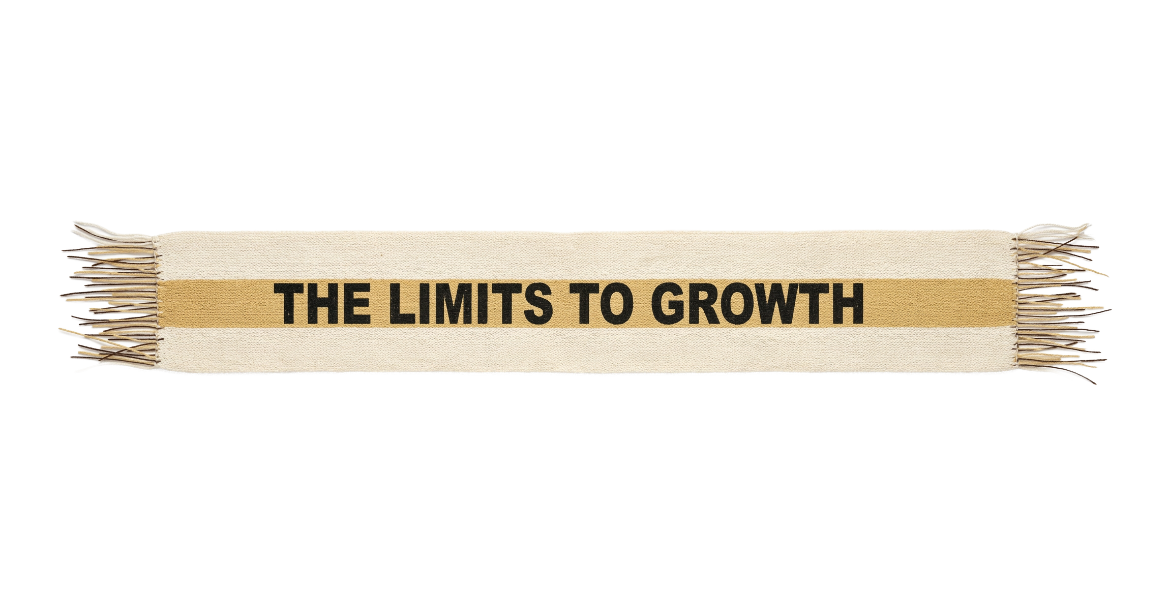 A beige woven rectangular object with black text reading 'The Limits to Growth' and a gold band behind the text, with fringes on both ends.