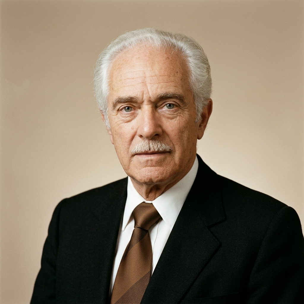 Portrait of an elderly man with white hair and mustache wearing a black suit, white shirt, and brown tie, against a plain background.