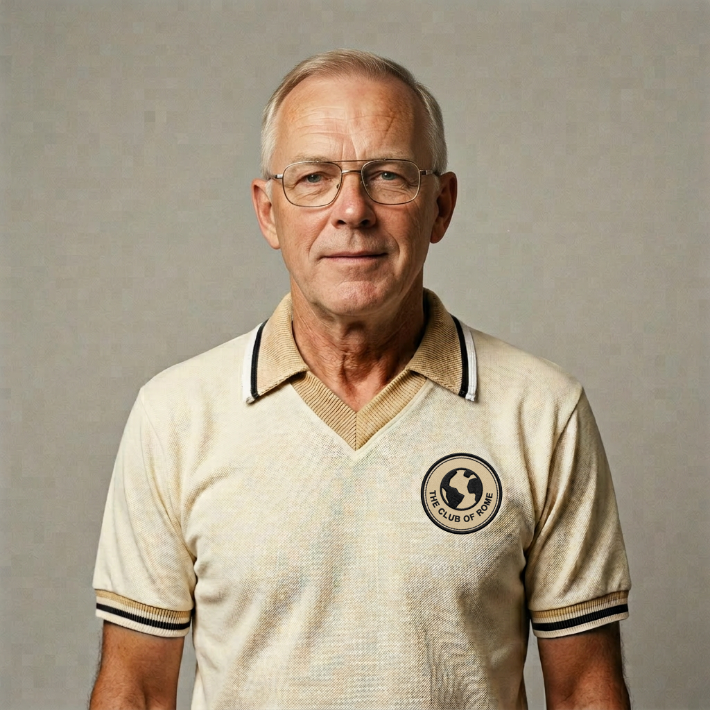 An elderly man with glasses wearing a cream-colored sports jersey with black and gold accents and a patch that reads "The Club of Rome".