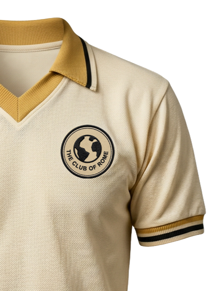 A beige sports jersey with black and gold accents, featuring a circular logo with a handshake and the text "The Club of Rome" on the chest.