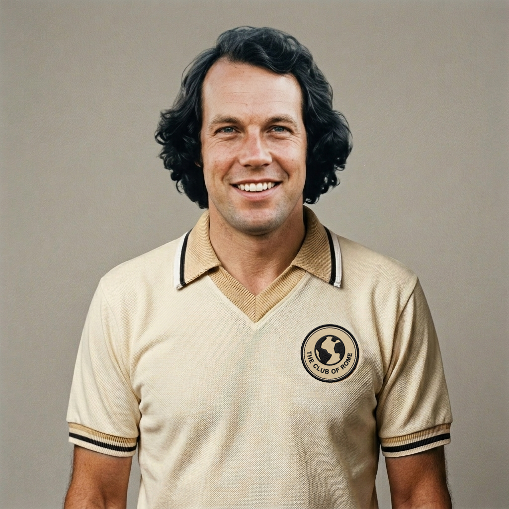 A man with dark wavy hair smiling, wearing a beige sports jersey with a logo that says 'The Club of Rome' and depicts a globe.