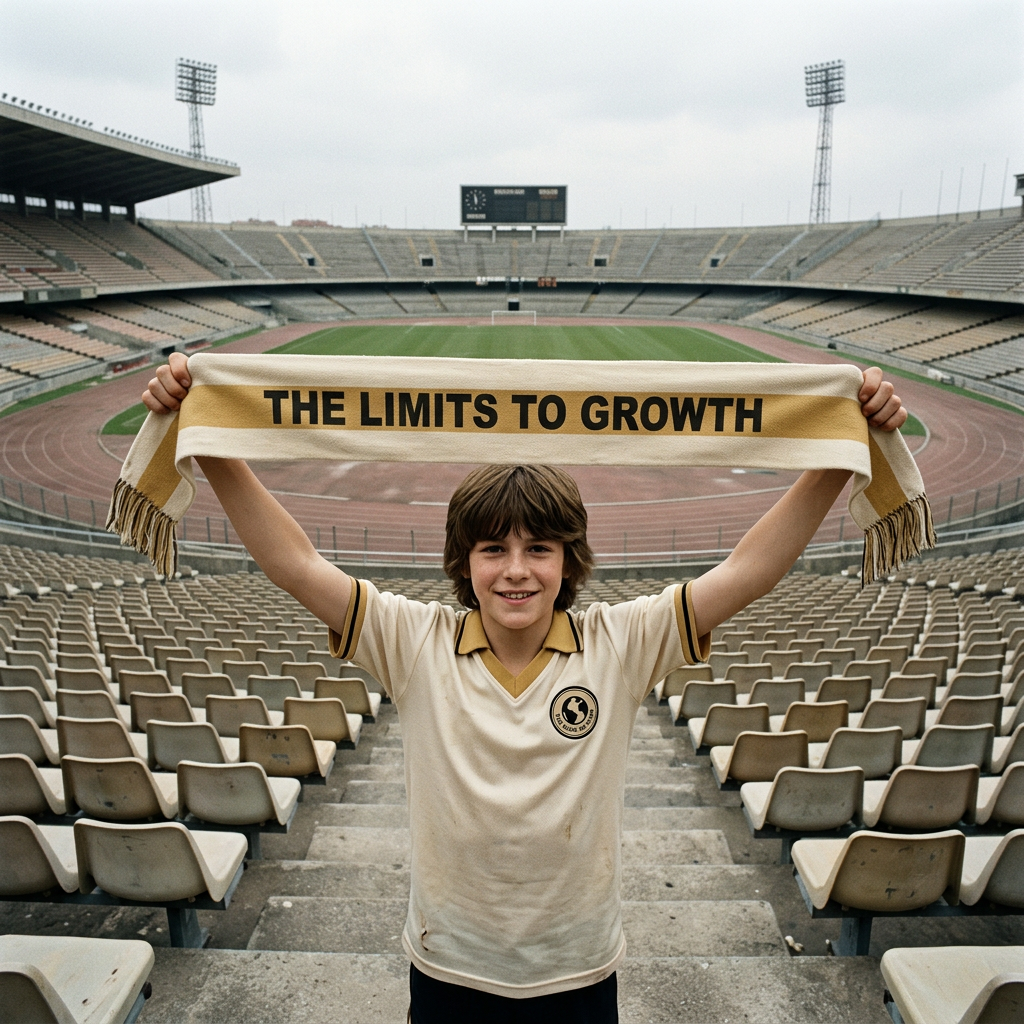 A young boy standing in an empty stadium, holding a scarf with the words 'The Limits to Growth' above his head.
