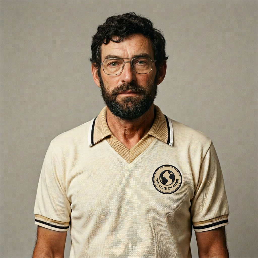 A man with glasses, a beard, and curly dark hair wearing a beige sports jersey with a logo on the chest that reads "The Club of Rome."