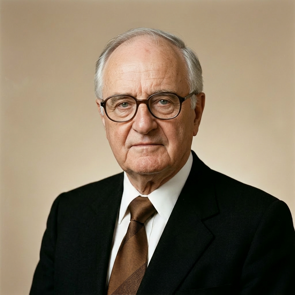 An elderly man with gray hair, wearing a black suit, white shirt, brown tie, and glasses, looking directly at the camera with a serious expression.