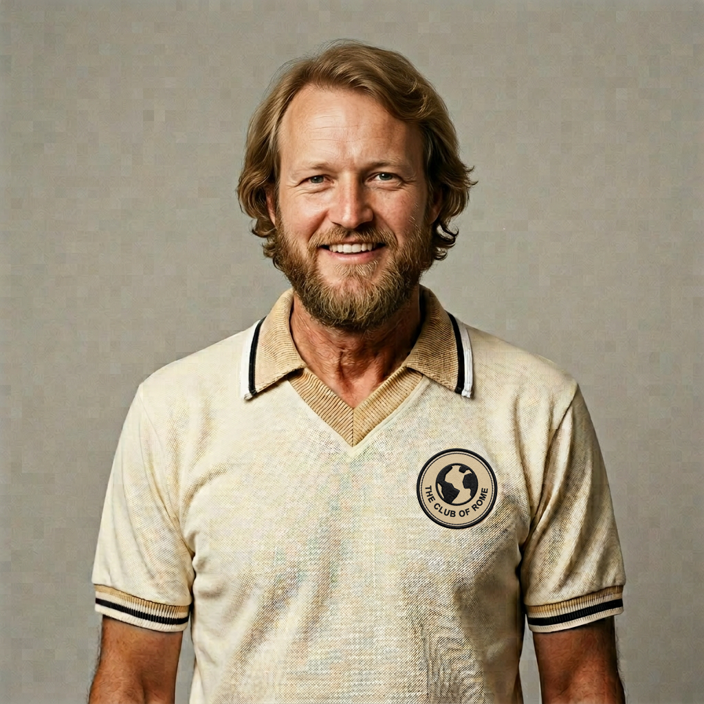 A middle-aged man with a beard and wavy hair, smiling, wearing a beige sports jersey with black and white trim, featuring a logo that says 'The Club of Rome' with a globe emblem.