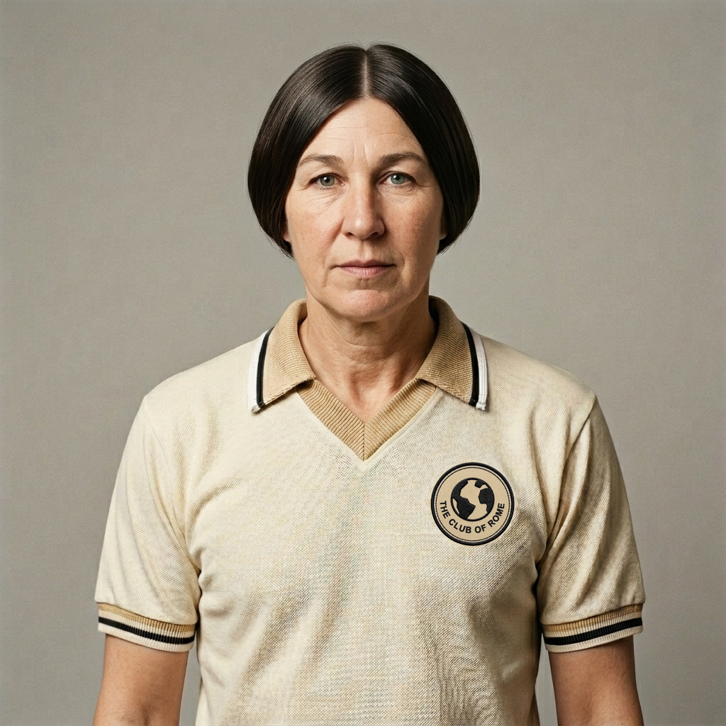 A woman with straight, dark hair wearing a cream-colored sports jersey with black trim and a logo that reads 'The Club of Rome' on the chest.
