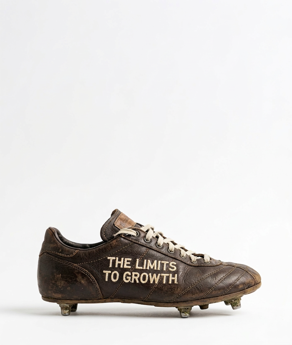 Old brown soccer shoe with white laces, featuring the phrase 'THE LIMITS TO GROWTH' embroidered on its side, against a plain white background.