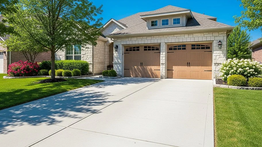 A modern suburban house with a double garage, concrete driveway, green lawn, trees, and flowering shrubs, under a clear blue sky.