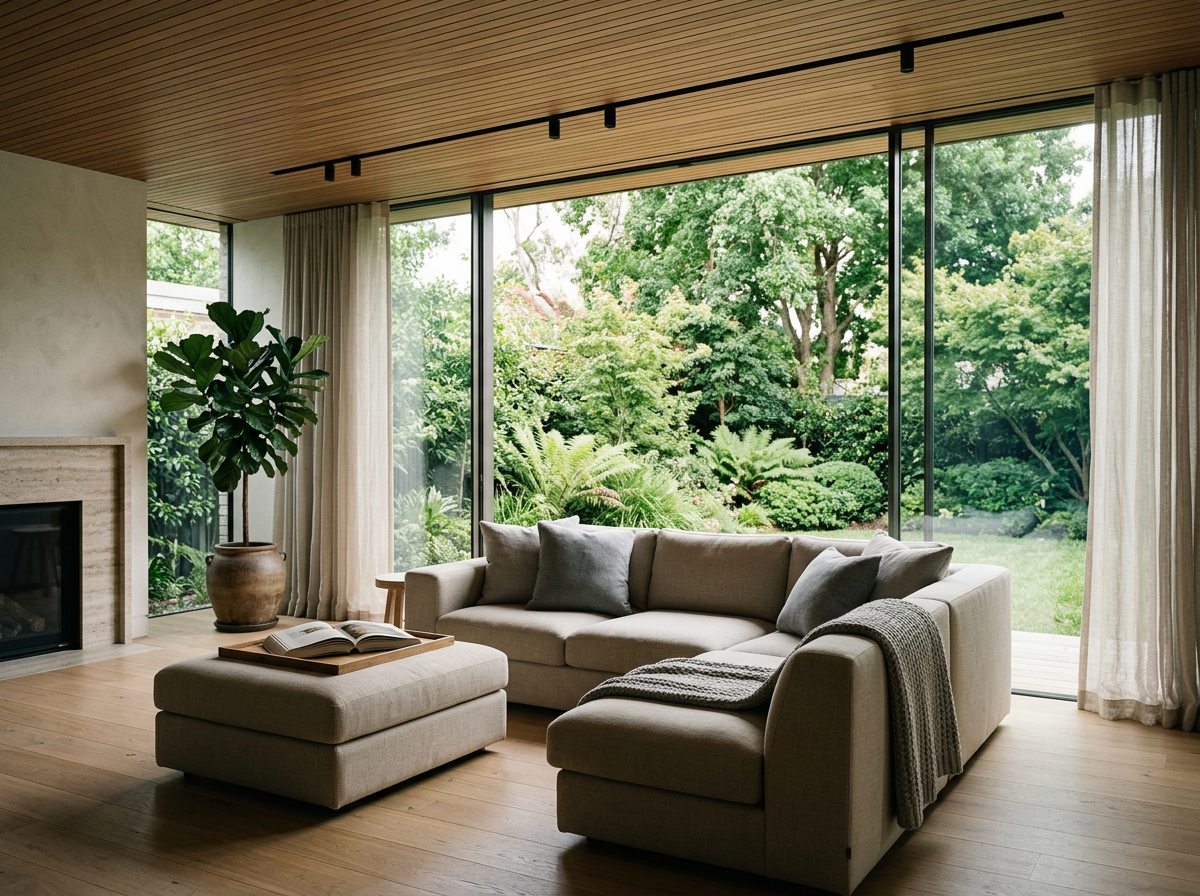 Living room with beige sectional sofa, gray pillows, blanket, and open book on ottoman, large glass windows revealing lush green garden outside, wooden ceiling, curtains, potted plant, and fireplace.